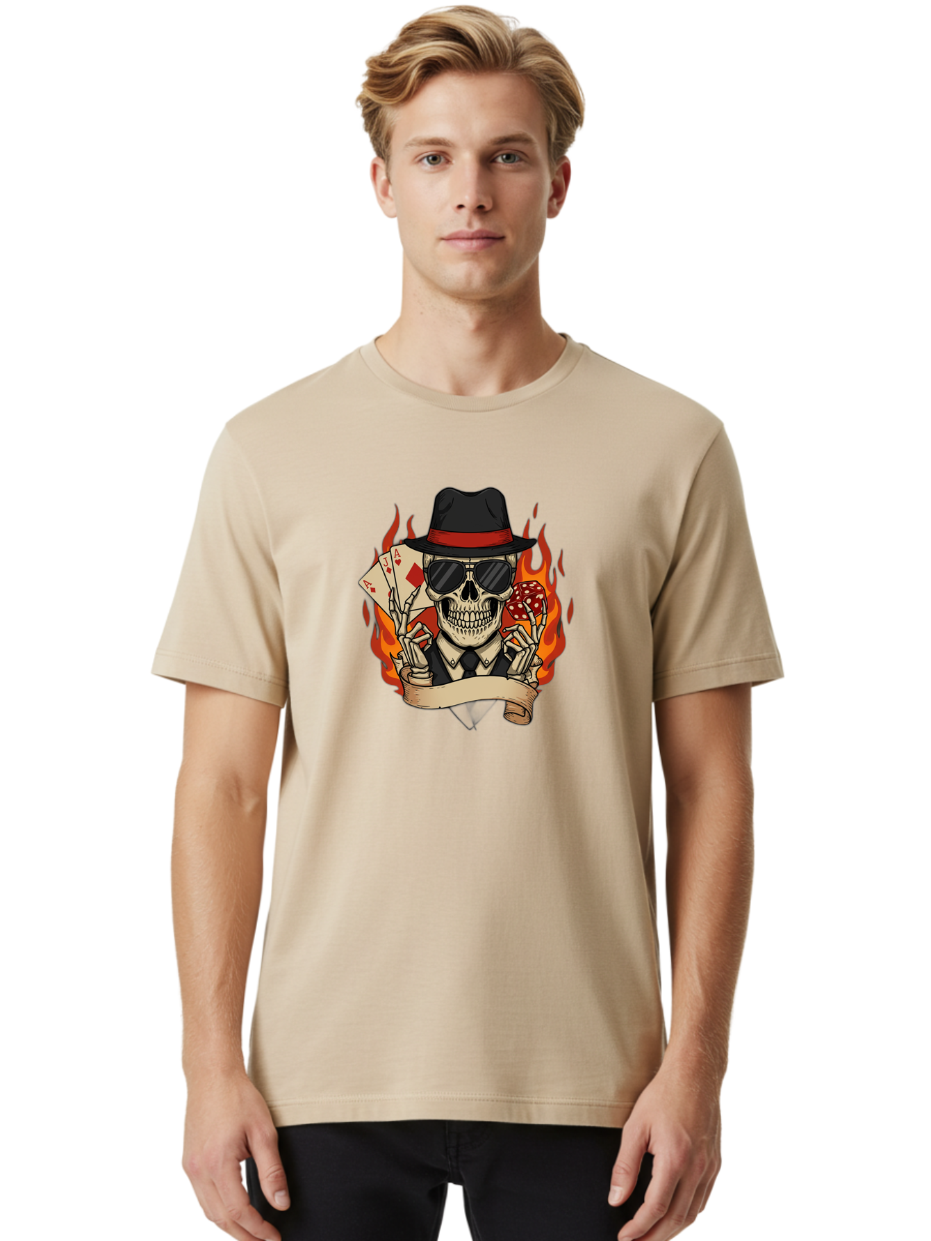 Skeleton-Card-Player Men'S Graphic Tee, 100% Cotton, Comfortable Casual Summer Wear, Machine Washable, Skeleton In Suit And Hat, Playing Cards, Sunglasses, Skull, Poker Face, Flames, Banner, Red Mushroom, Gambler, Red Diamonds Bad569 17