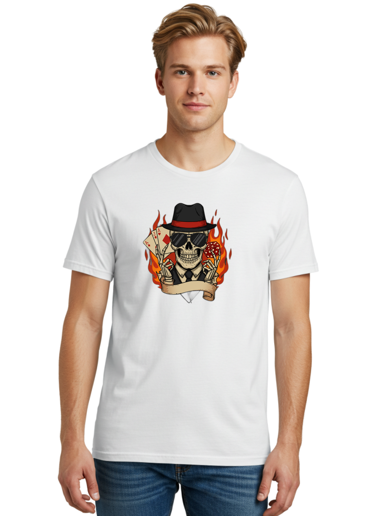 Skeleton-Card-Player Men'S Graphic Tee, 100% Cotton, Comfortable Casual Summer Wear, Machine Washable, Skeleton In Suit And Hat, Playing Cards, Sunglasses, Skull, Poker Face, Flames, Banner, Red Mushroom, Gambler, Red Diamonds Bad569 28