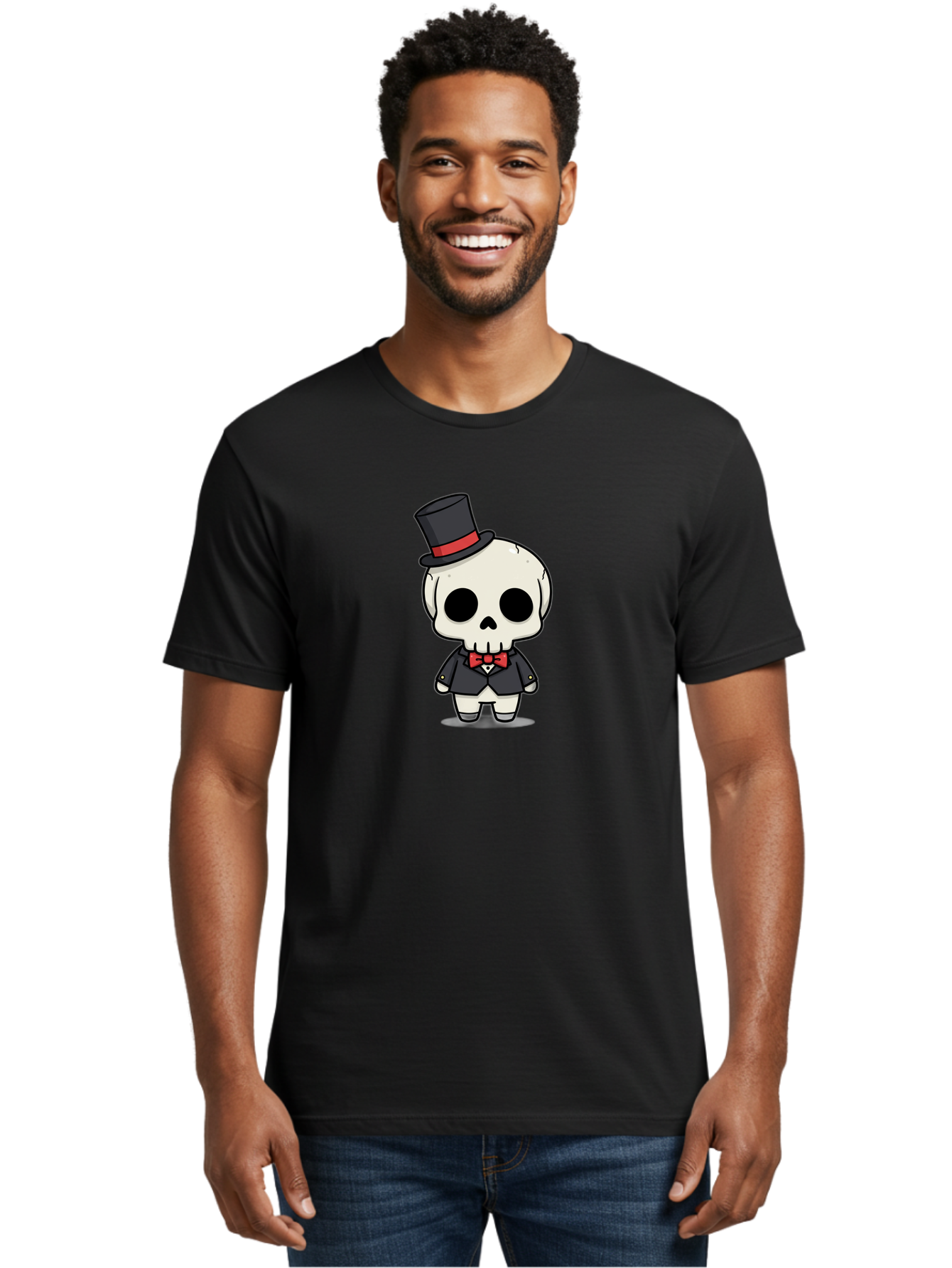 Skeleton-Gentleman Men'S Graphic Tee, 100% Cotton, Comfortable Casual Summer Wear, Machine Washable, Cartoon Skeleton, Gentleman Attire, Top Hat, Bow Tie, Spooky Chic, Halloween Style, Formal Wear, Skull Character, Kawaii Aesthetic, Bad572 16