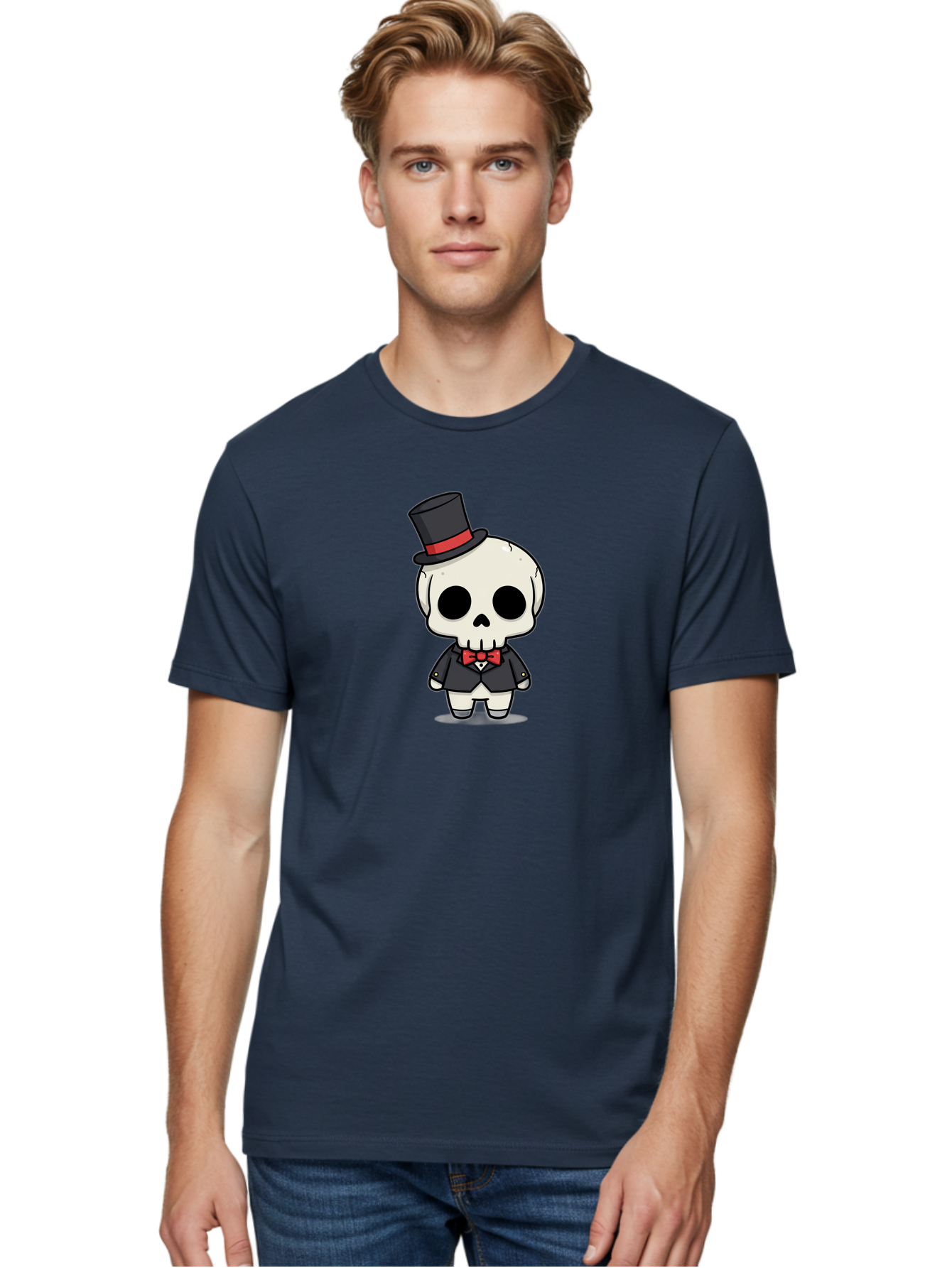 Skeleton-Gentleman Men'S Graphic Tee, 100% Cotton, Comfortable Casual Summer Wear, Machine Washable, Cartoon Skeleton, Gentleman Attire, Top Hat, Bow Tie, Spooky Chic, Halloween Style, Formal Wear, Skull Character, Kawaii Aesthetic, Bad572 18