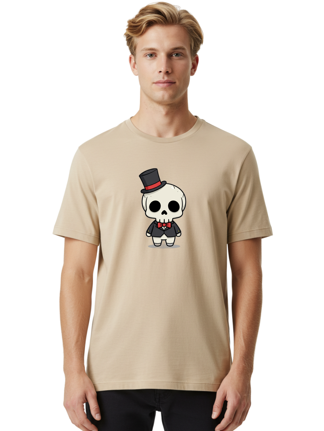 Skeleton-Gentleman Men'S Graphic Tee, 100% Cotton, Comfortable Casual Summer Wear, Machine Washable, Cartoon Skeleton, Gentleman Attire, Top Hat, Bow Tie, Spooky Chic, Halloween Style, Formal Wear, Skull Character, Kawaii Aesthetic, Bad572 21
