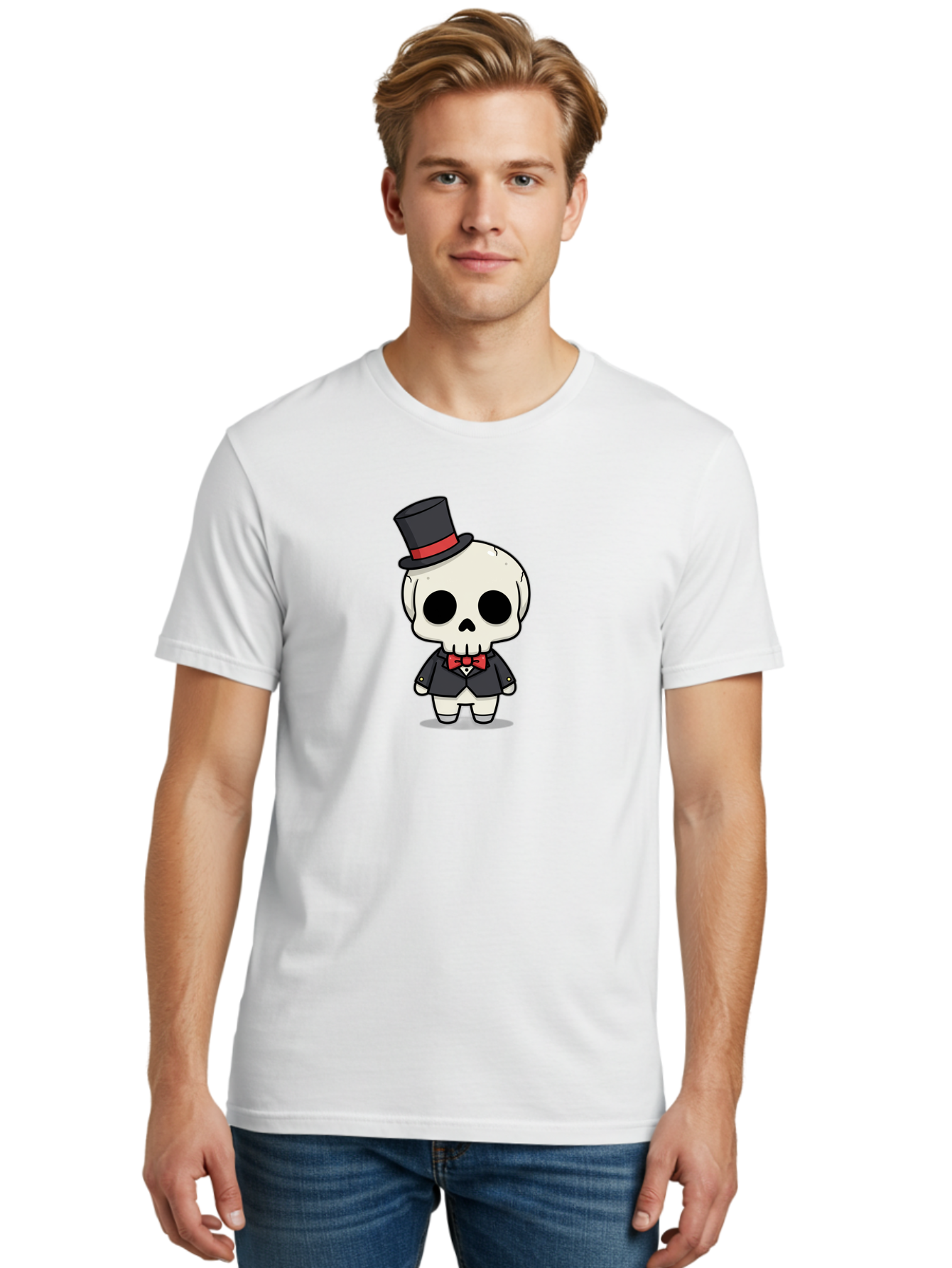 Skeleton-Gentleman Men'S Graphic Tee, 100% Cotton, Comfortable Casual Summer Wear, Machine Washable, Cartoon Skeleton, Gentleman Attire, Top Hat, Bow Tie, Spooky Chic, Halloween Style, Formal Wear, Skull Character, Kawaii Aesthetic, Bad572 22