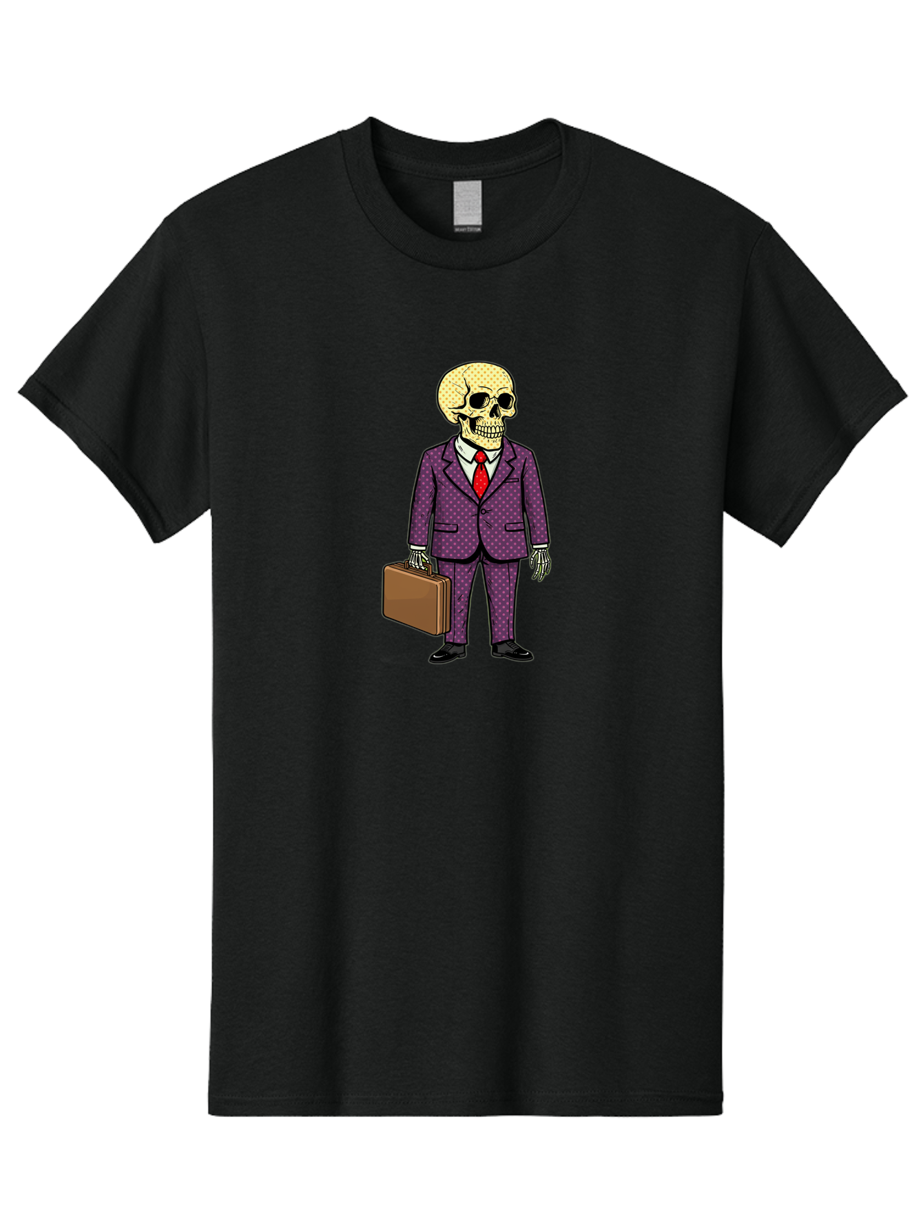 Skeleton-In-Suit-1 Men'S Graphic Tee, 100% Cotton, Comfortable Casual Summer Wear, Machine Washable, Skeleton In Business Attire, Formal Wear, Corporate Style, Briefcase, Red Tie, White Shirt, Purple Suit, Dot Pattern, Skull, Bones, Bad573 10