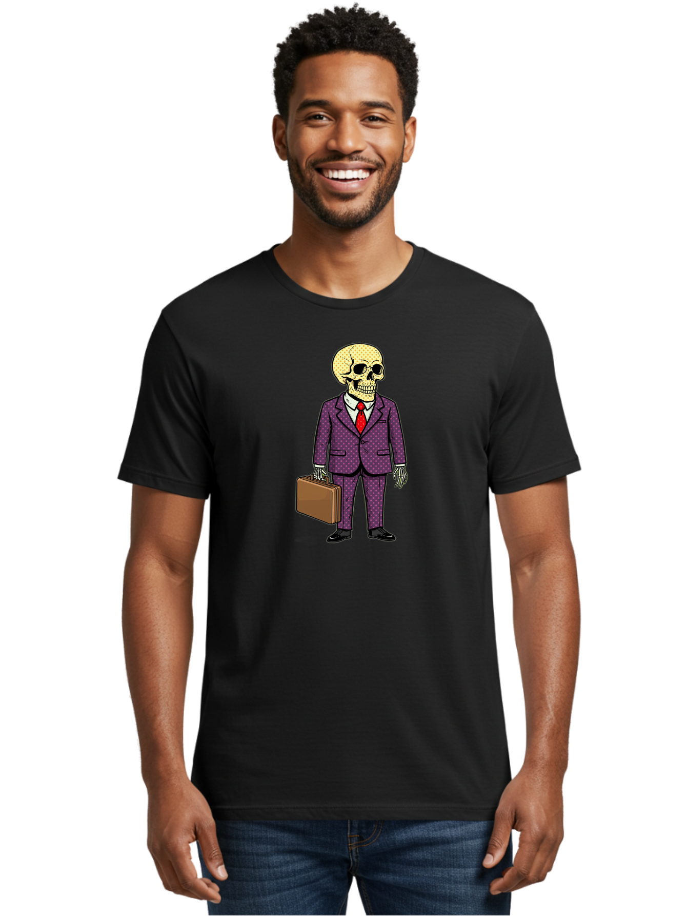 Skeleton-In-Suit-1 Men'S Graphic Tee, 100% Cotton, Comfortable Casual Summer Wear, Machine Washable, Skeleton In Business Attire, Formal Wear, Corporate Style, Briefcase, Red Tie, White Shirt, Purple Suit, Dot Pattern, Skull, Bones, Bad573 25