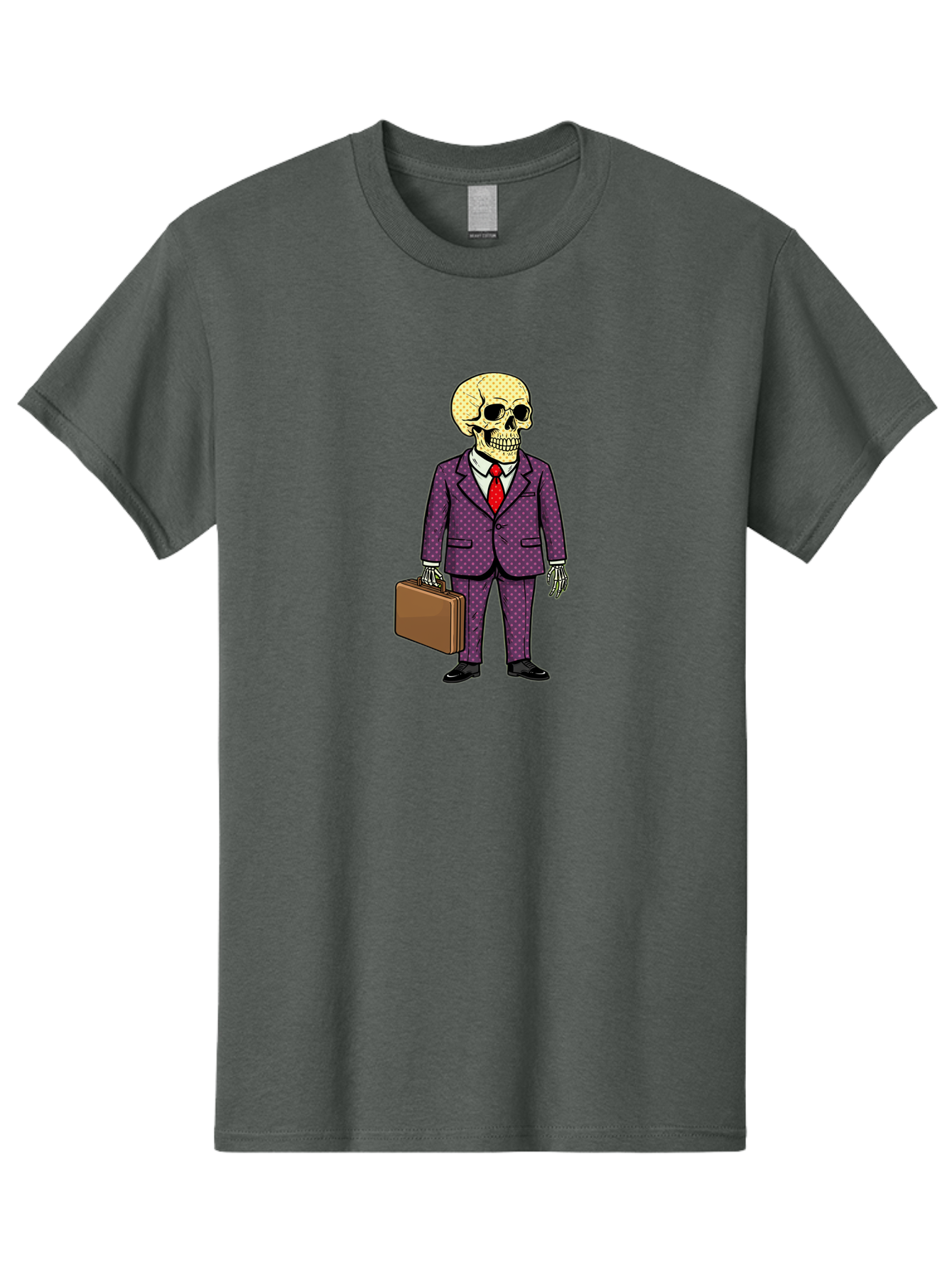 Skeleton-In-Suit-1 Men'S Graphic Tee, 100% Cotton, Comfortable Casual Summer Wear, Machine Washable, Skeleton In Business Attire, Formal Wear, Corporate Style, Briefcase, Red Tie, White Shirt, Purple Suit, Dot Pattern, Skull, Bones, Bad573 15