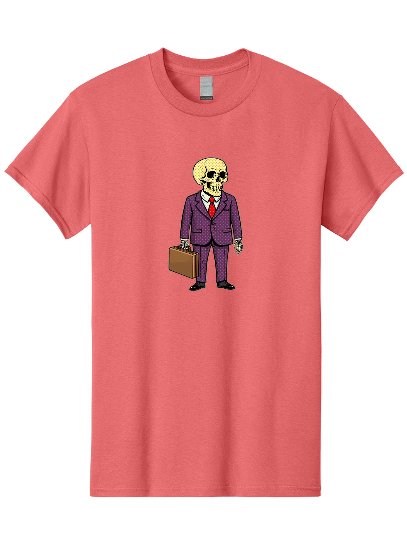 Skeleton-In-Suit-1 Men'S Graphic Tee, 100% Cotton, Comfortable Casual Summer Wear, Machine Washable, Skeleton In Business Attire, Formal Wear, Corporate Style, Briefcase, Red Tie, White Shirt, Purple Suit, Dot Pattern, Skull, Bones, Bad573 1