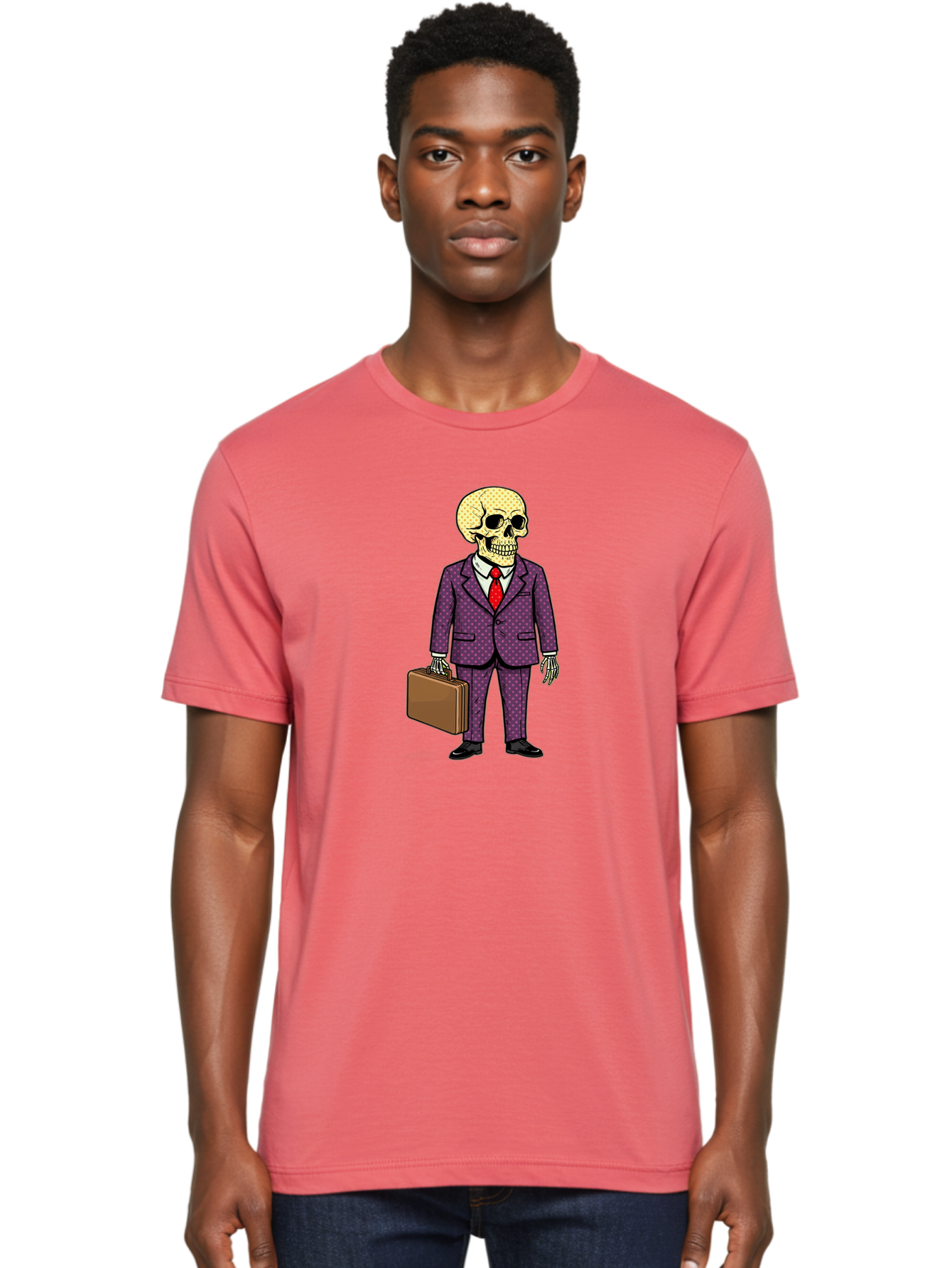 Skeleton-In-Suit-1 Men'S Graphic Tee, 100% Cotton, Comfortable Casual Summer Wear, Machine Washable, Skeleton In Business Attire, Formal Wear, Corporate Style, Briefcase, Red Tie, White Shirt, Purple Suit, Dot Pattern, Skull, Bones, Bad573 16