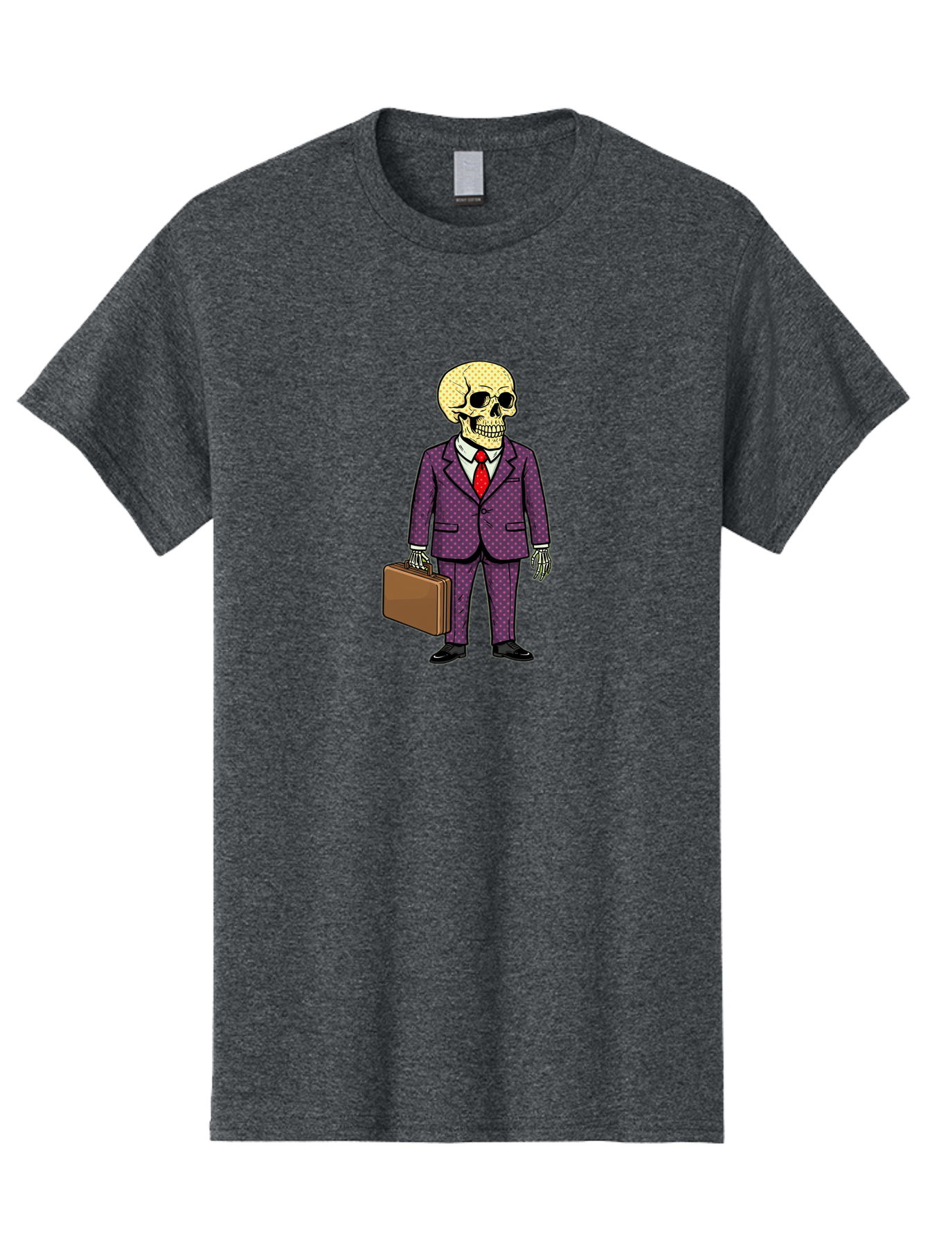 Skeleton-In-Suit-1 Men'S Graphic Tee, 100% Cotton, Comfortable Casual Summer Wear, Machine Washable, Skeleton In Business Attire, Formal Wear, Corporate Style, Briefcase, Red Tie, White Shirt, Purple Suit, Dot Pattern, Skull, Bones, Bad573 4