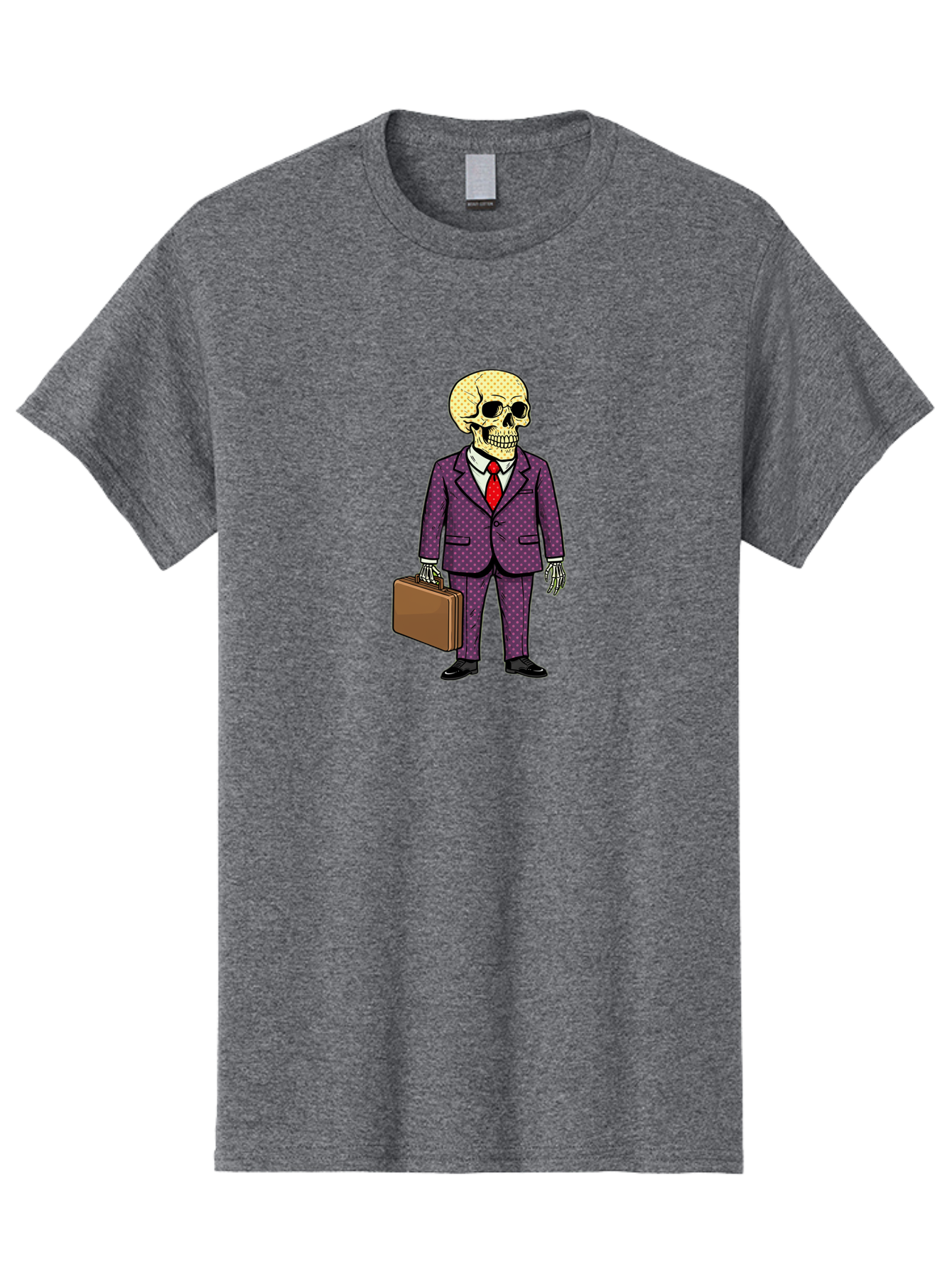 Skeleton-In-Suit-1 Men'S Graphic Tee, 100% Cotton, Comfortable Casual Summer Wear, Machine Washable, Skeleton In Business Attire, Formal Wear, Corporate Style, Briefcase, Red Tie, White Shirt, Purple Suit, Dot Pattern, Skull, Bones, Bad573 6