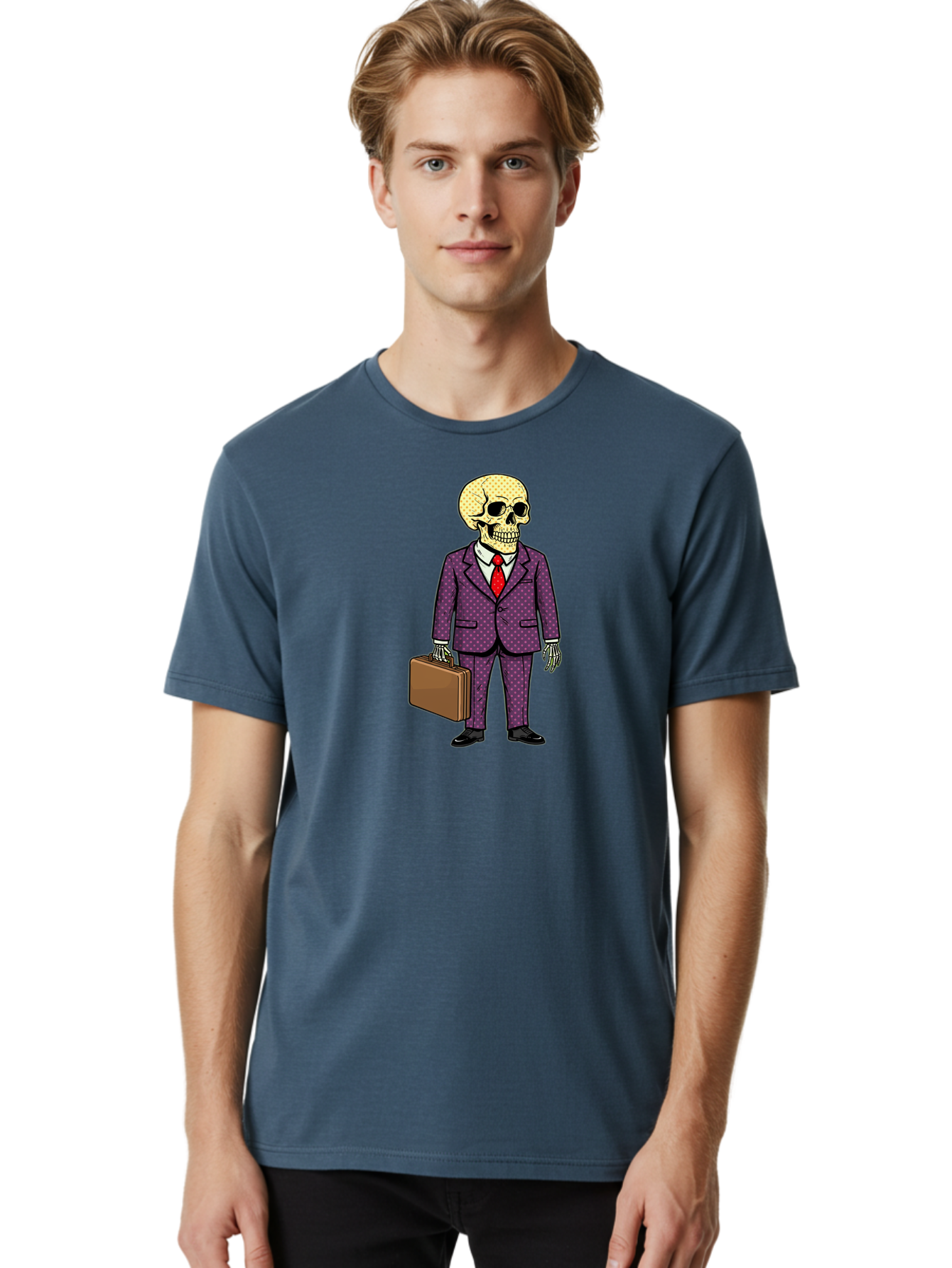 Skeleton-In-Suit-1 Men'S Graphic Tee, 100% Cotton, Comfortable Casual Summer Wear, Machine Washable, Skeleton In Business Attire, Formal Wear, Corporate Style, Briefcase, Red Tie, White Shirt, Purple Suit, Dot Pattern, Skull, Bones, Bad573 24