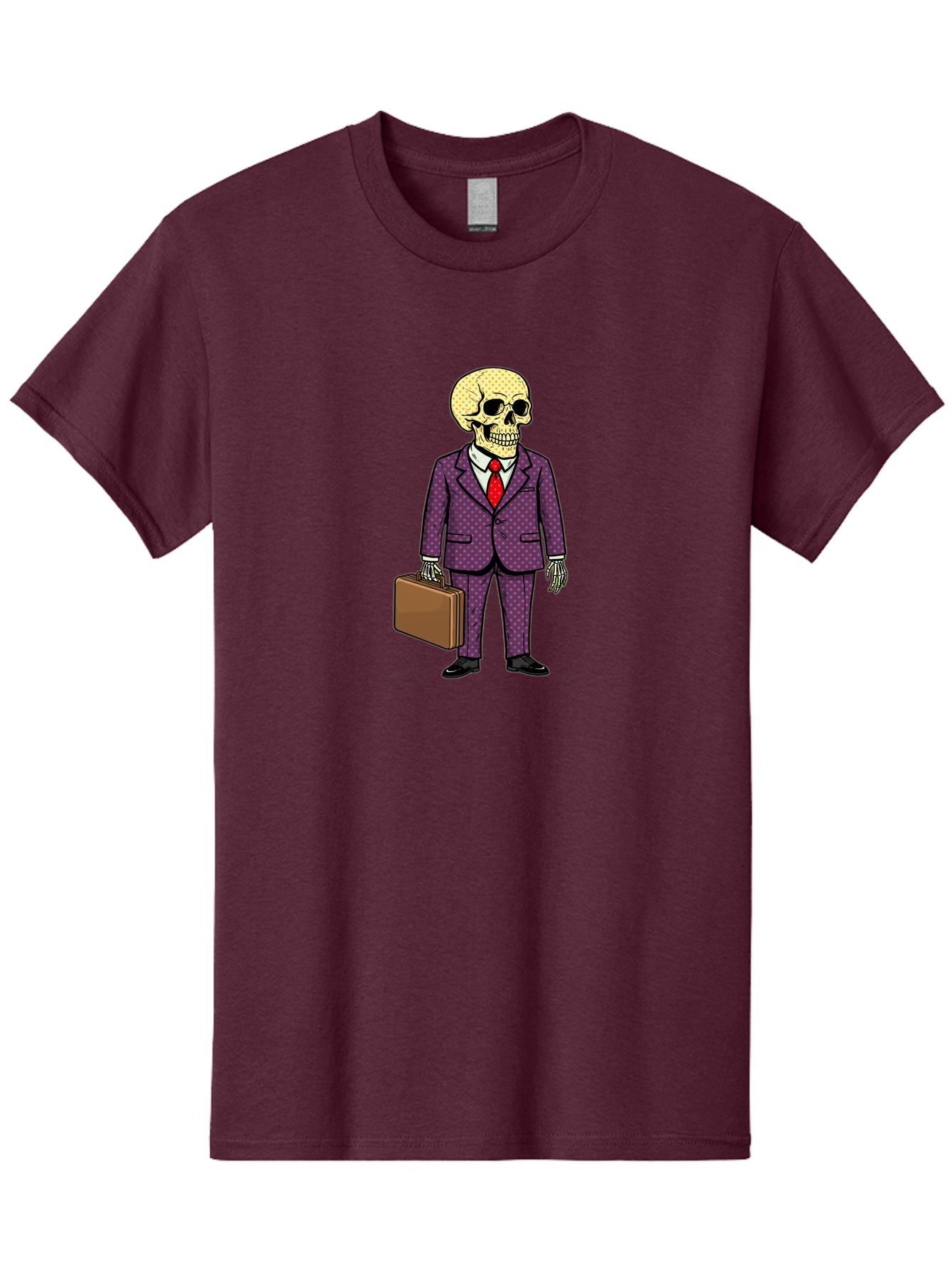Skeleton-In-Suit-1 Men'S Graphic Tee, 100% Cotton, Comfortable Casual Summer Wear, Machine Washable, Skeleton In Business Attire, Formal Wear, Corporate Style, Briefcase, Red Tie, White Shirt, Purple Suit, Dot Pattern, Skull, Bones, Bad573 5