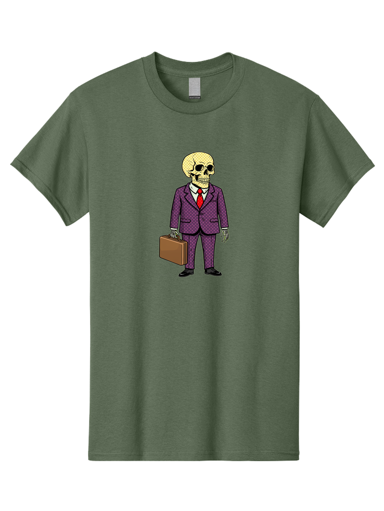 Skeleton-In-Suit-1 Men'S Graphic Tee, 100% Cotton, Comfortable Casual Summer Wear, Machine Washable, Skeleton In Business Attire, Formal Wear, Corporate Style, Briefcase, Red Tie, White Shirt, Purple Suit, Dot Pattern, Skull, Bones, Bad573 2