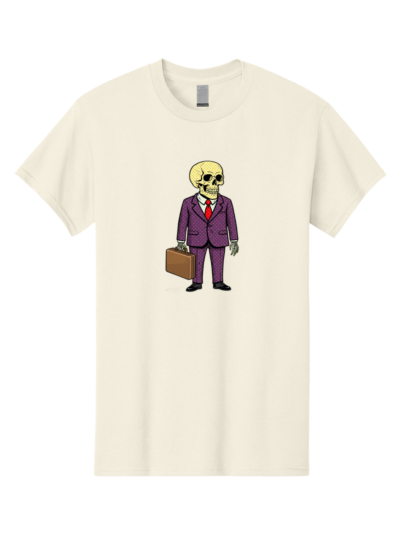 Skeleton-In-Suit-1 Men'S Graphic Tee, 100% Cotton, Comfortable Casual Summer Wear, Machine Washable, Skeleton In Business Attire, Formal Wear, Corporate Style, Briefcase, Red Tie, White Shirt, Purple Suit, Dot Pattern, Skull, Bones, Bad573 3