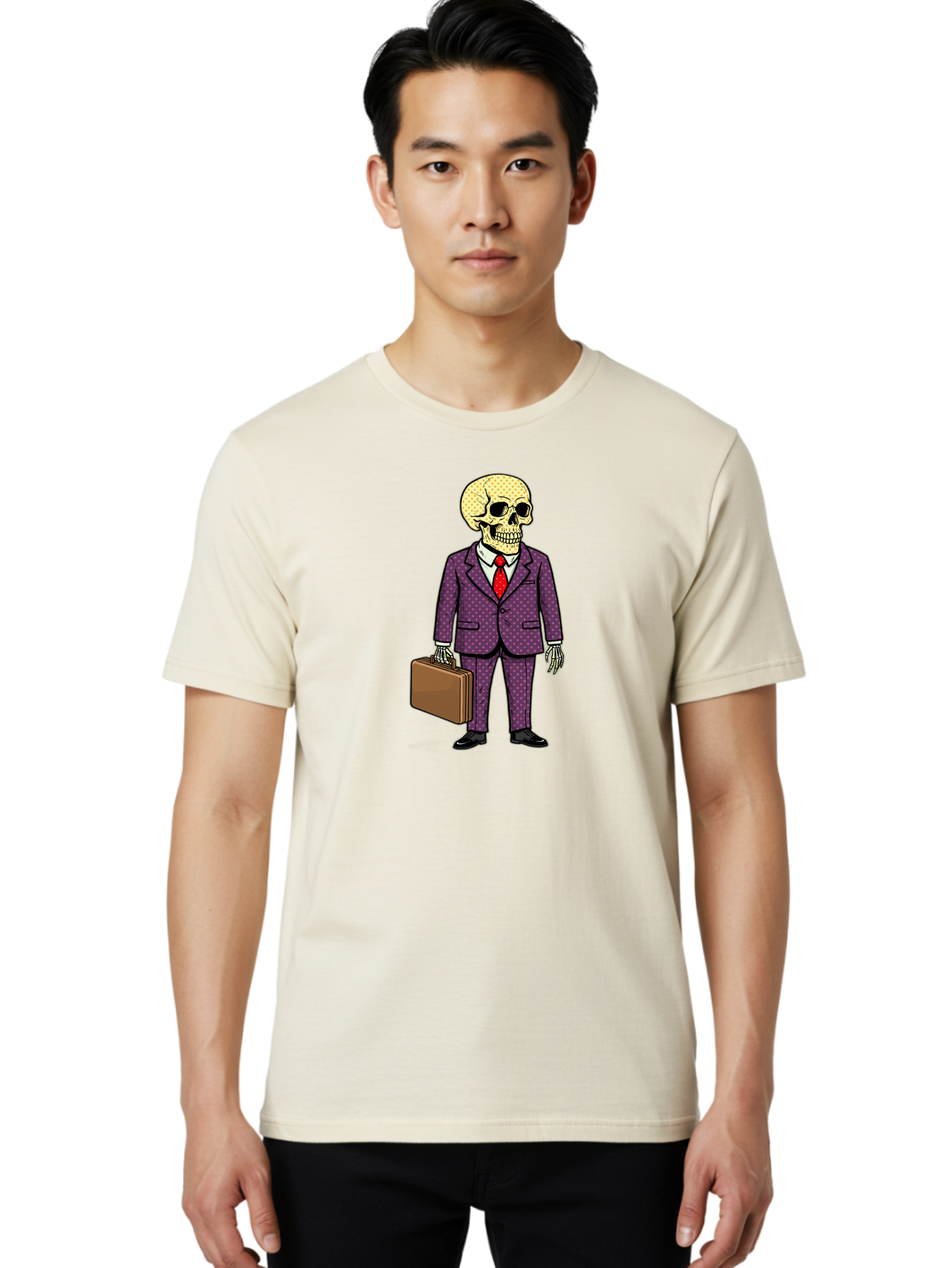 Skeleton-In-Suit-1 Men'S Graphic Tee, 100% Cotton, Comfortable Casual Summer Wear, Machine Washable, Skeleton In Business Attire, Formal Wear, Corporate Style, Briefcase, Red Tie, White Shirt, Purple Suit, Dot Pattern, Skull, Bones, Bad573 18