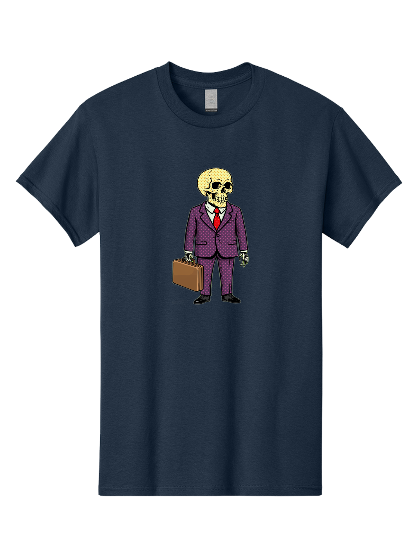 Skeleton-In-Suit-1 Men'S Graphic Tee, 100% Cotton, Comfortable Casual Summer Wear, Machine Washable, Skeleton In Business Attire, Formal Wear, Corporate Style, Briefcase, Red Tie, White Shirt, Purple Suit, Dot Pattern, Skull, Bones, Bad573 11