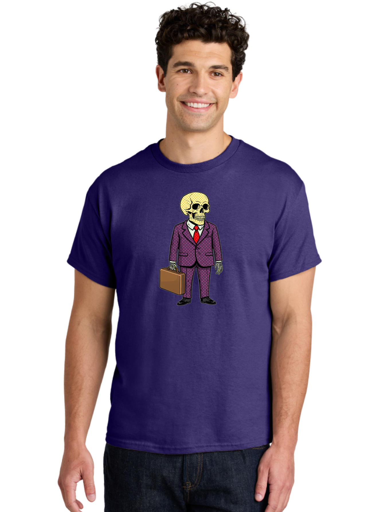 Skeleton-In-Suit-1 Men'S Graphic Tee, 100% Cotton, Comfortable Casual Summer Wear, Machine Washable, Skeleton In Business Attire, Formal Wear, Corporate Style, Briefcase, Red Tie, White Shirt, Purple Suit, Dot Pattern, Skull, Bones, Bad573 23