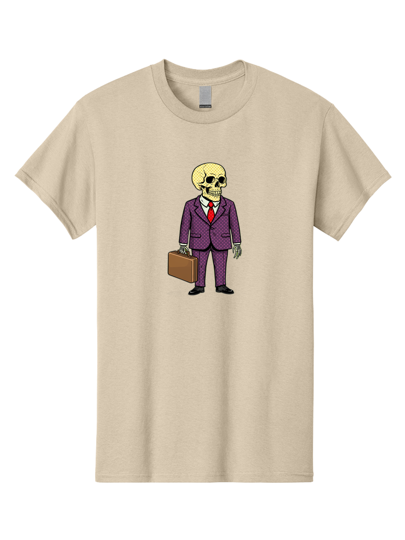 Skeleton-In-Suit-1 Men'S Graphic Tee, 100% Cotton, Comfortable Casual Summer Wear, Machine Washable, Skeleton In Business Attire, Formal Wear, Corporate Style, Briefcase, Red Tie, White Shirt, Purple Suit, Dot Pattern, Skull, Bones, Bad573 12