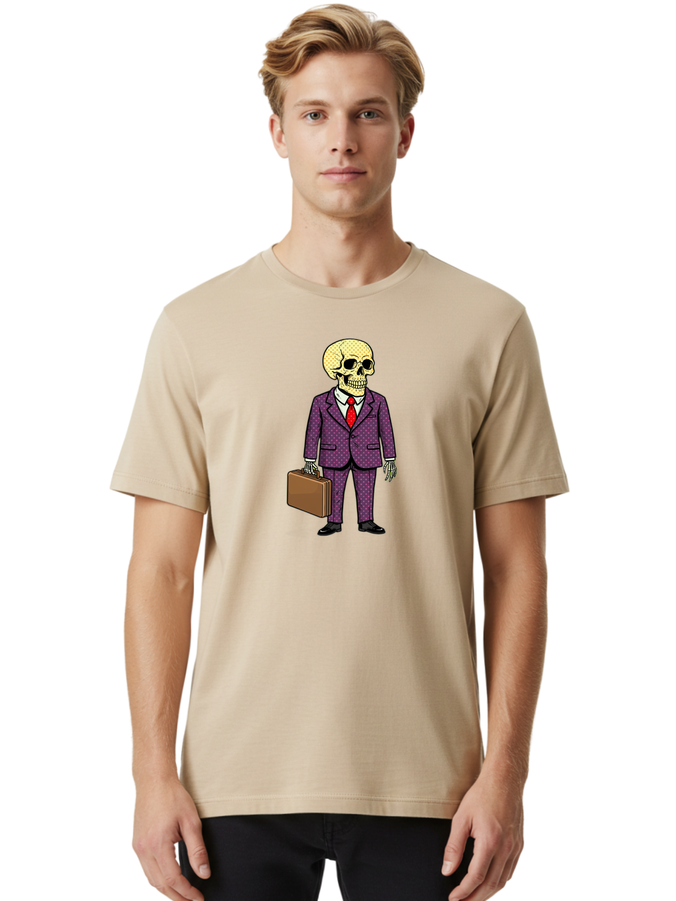 Skeleton-In-Suit-1 Men'S Graphic Tee, 100% Cotton, Comfortable Casual Summer Wear, Machine Washable, Skeleton In Business Attire, Formal Wear, Corporate Style, Briefcase, Red Tie, White Shirt, Purple Suit, Dot Pattern, Skull, Bones, Bad573 27
