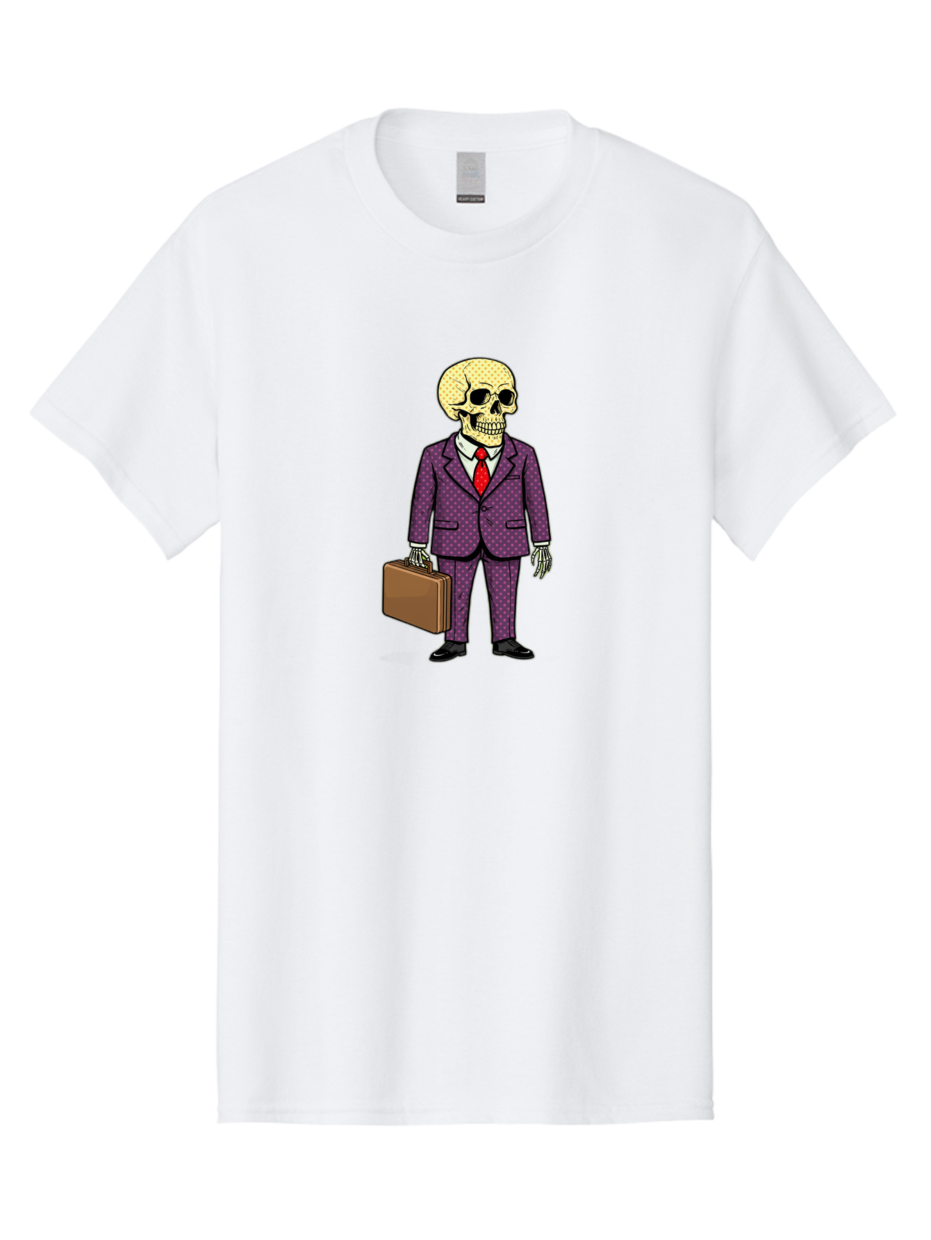 Skeleton-In-Suit-1 Men'S Graphic Tee, 100% Cotton, Comfortable Casual Summer Wear, Machine Washable, Skeleton In Business Attire, Formal Wear, Corporate Style, Briefcase, Red Tie, White Shirt, Purple Suit, Dot Pattern, Skull, Bones, Bad573 13