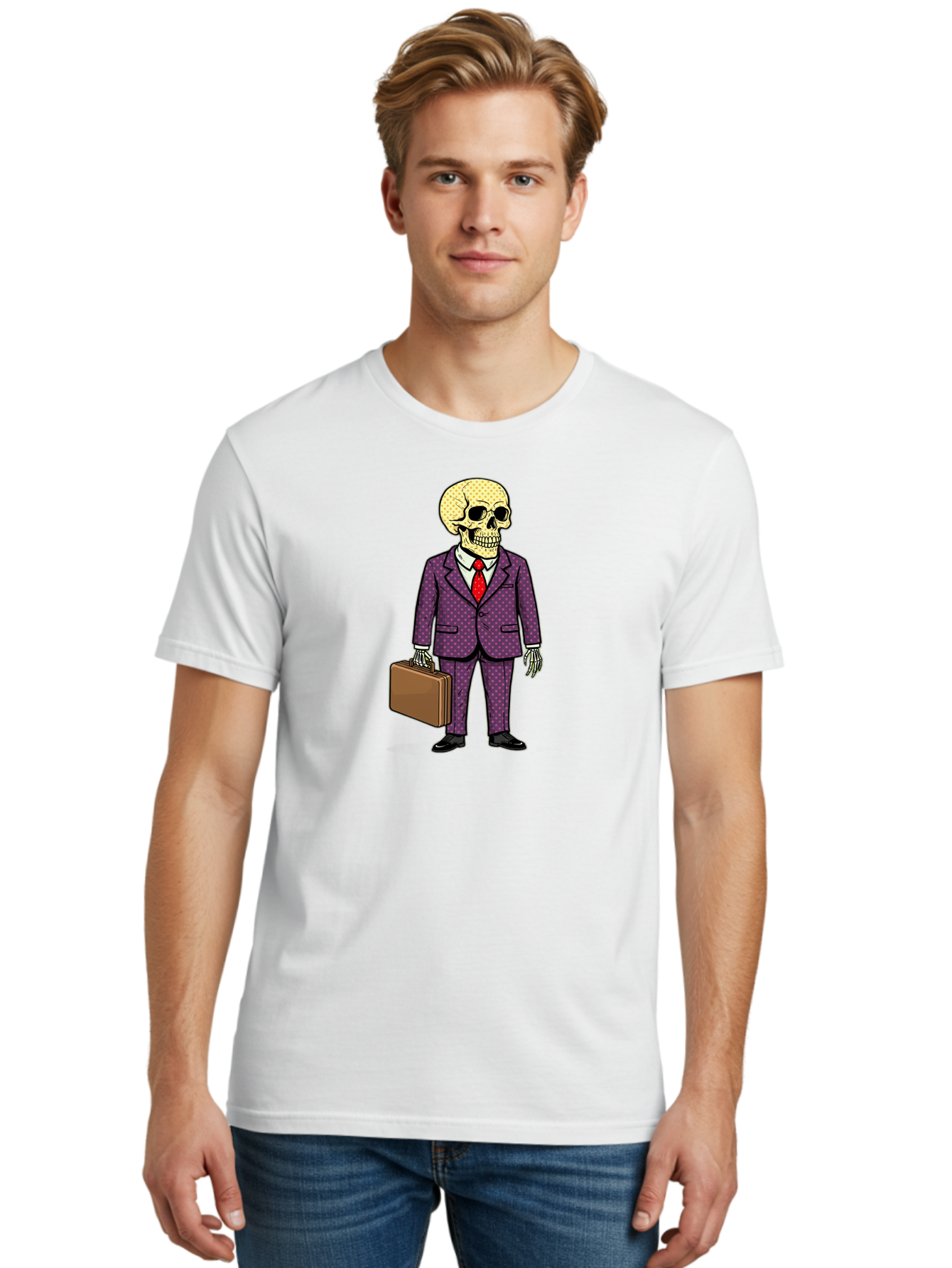 Skeleton-In-Suit-1 Men'S Graphic Tee, 100% Cotton, Comfortable Casual Summer Wear, Machine Washable, Skeleton In Business Attire, Formal Wear, Corporate Style, Briefcase, Red Tie, White Shirt, Purple Suit, Dot Pattern, Skull, Bones, Bad573 28