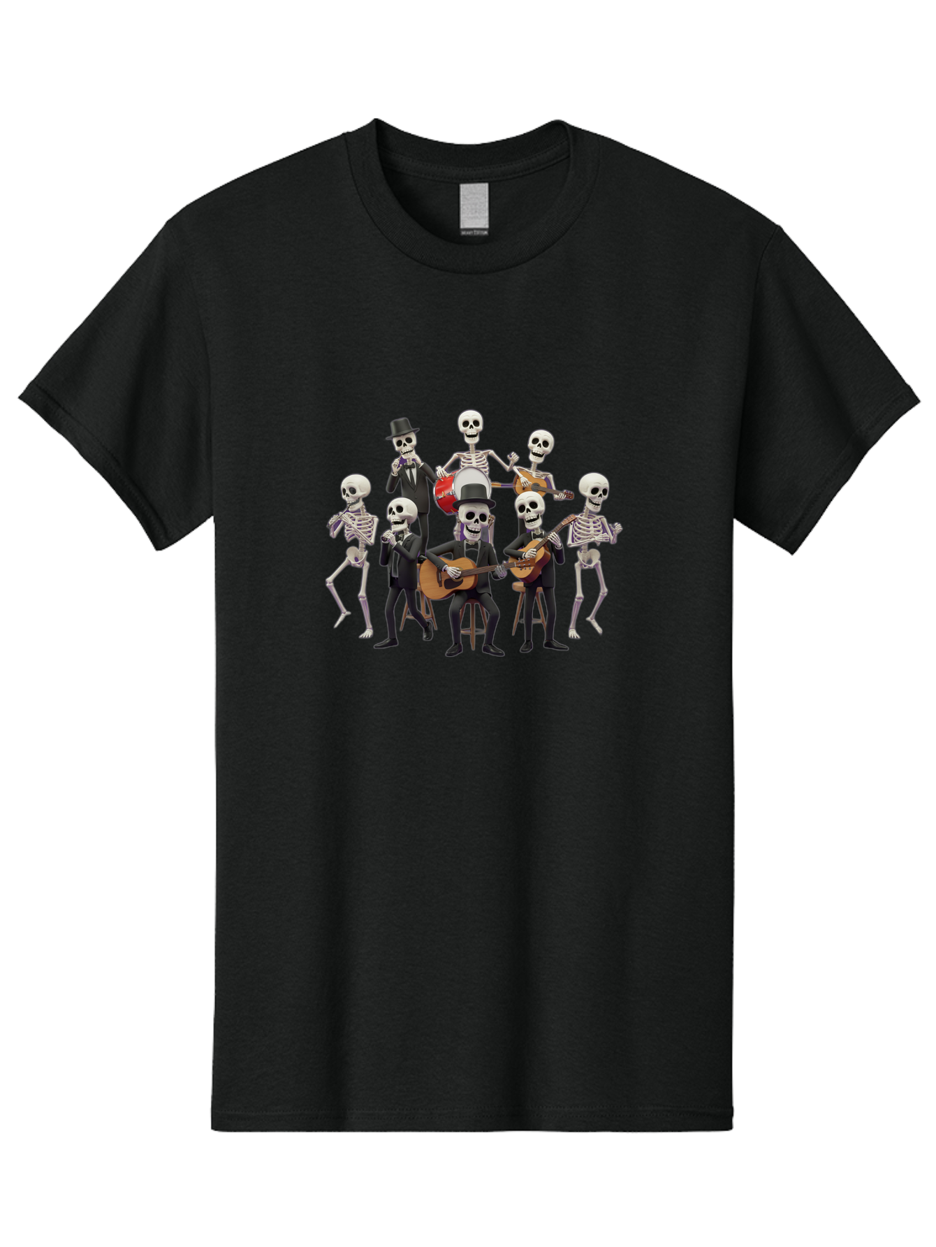 Skeletons-Playing-Music Men'S Graphic Tee, 100% Cotton, Comfortable Casual Summer Wear, Machine Washable, Skeletons In Suits, Playing Guitars, Dancing, Black Suits, Top Hats, Skulls, Bones, Musical Instruments, Mariachi Band, Day Of The Dead Bad578 2