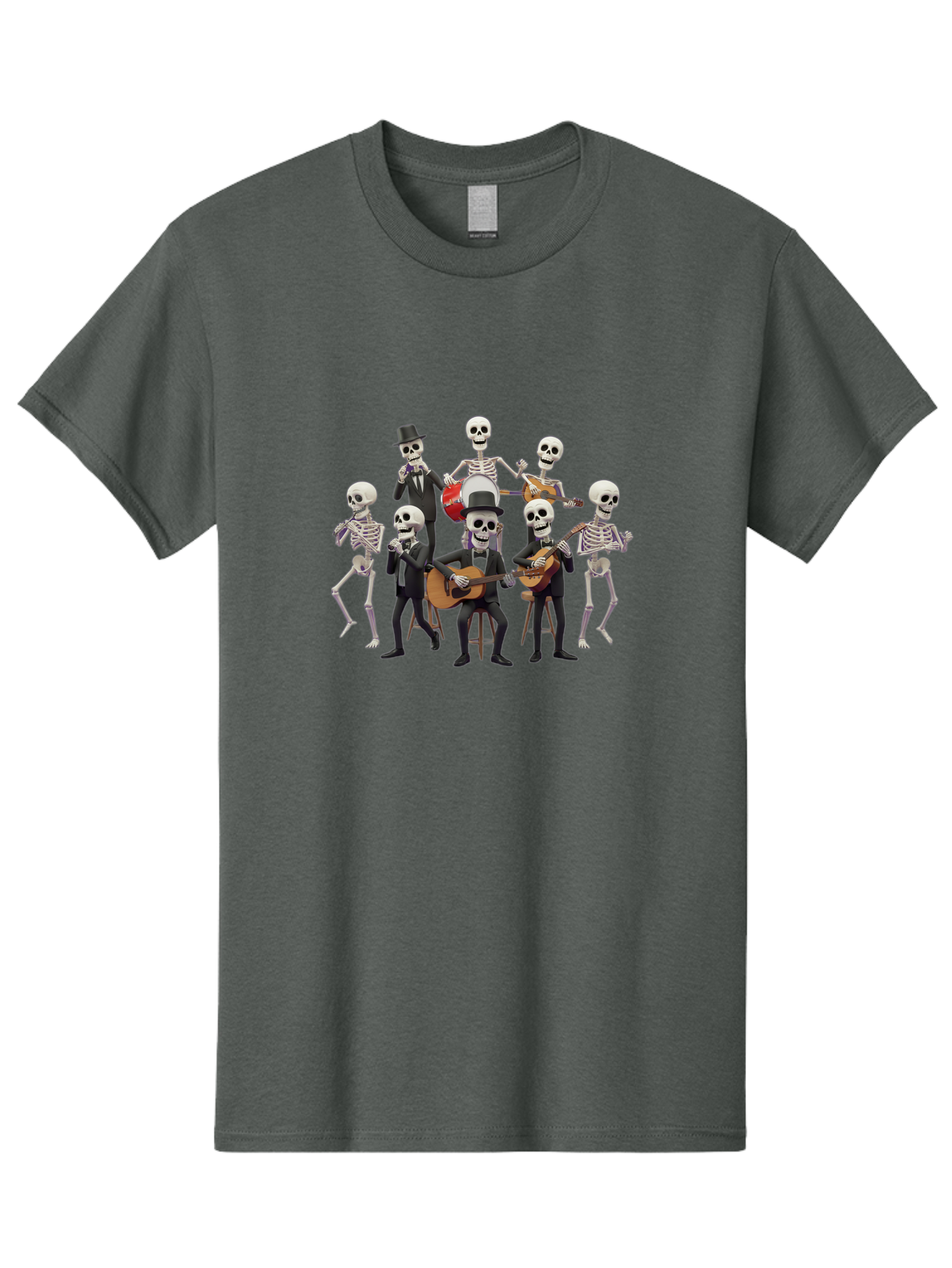Skeletons-Playing-Music Men'S Graphic Tee, 100% Cotton, Comfortable Casual Summer Wear, Machine Washable, Skeletons In Suits, Playing Guitars, Dancing, Black Suits, Top Hats, Skulls, Bones, Musical Instruments, Mariachi Band, Day Of The Dead Bad578 8