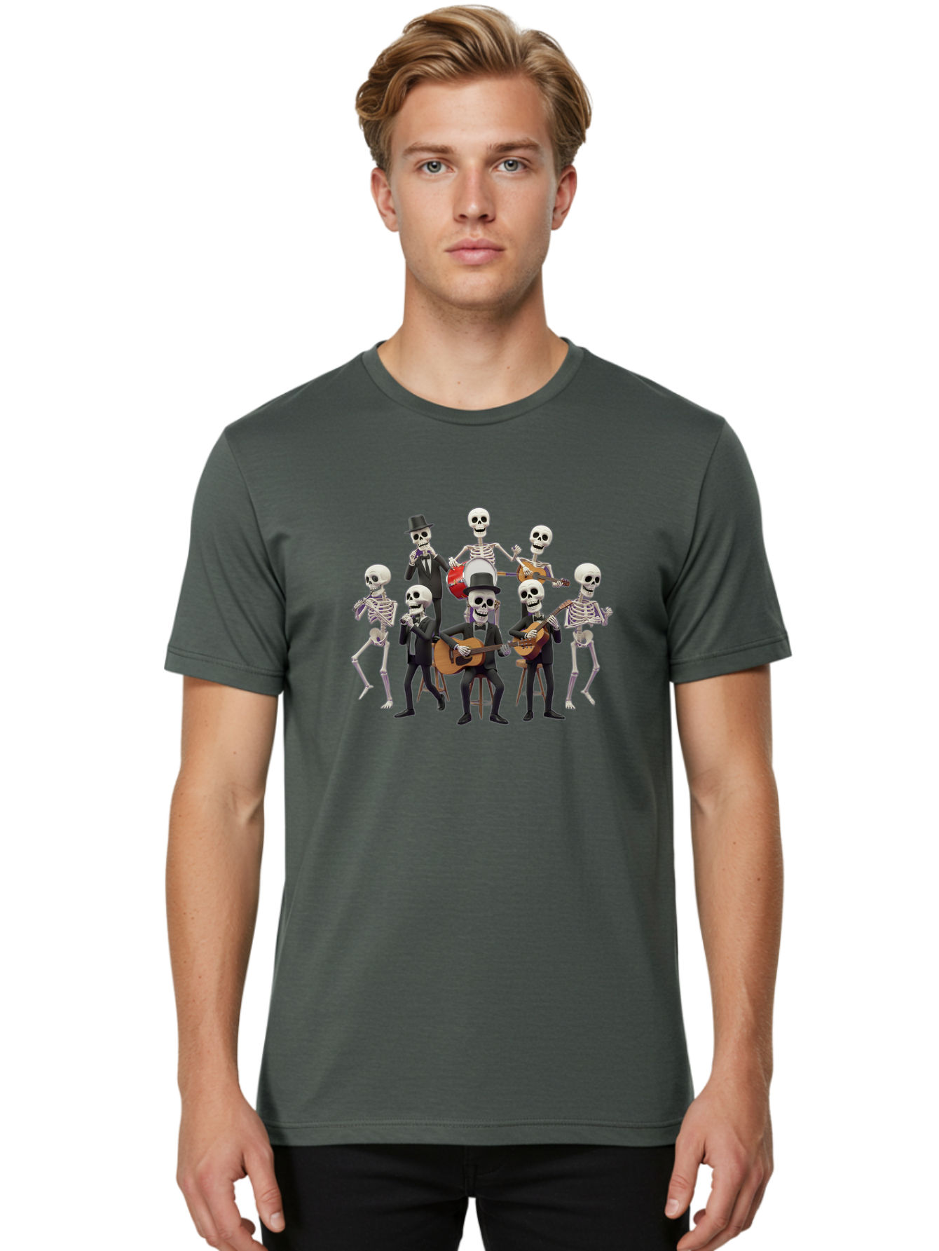 Skeletons-Playing-Music Men'S Graphic Tee, 100% Cotton, Comfortable Casual Summer Wear, Machine Washable, Skeletons In Suits, Playing Guitars, Dancing, Black Suits, Top Hats, Skulls, Bones, Musical Instruments, Mariachi Band, Day Of The Dead Bad578 23
