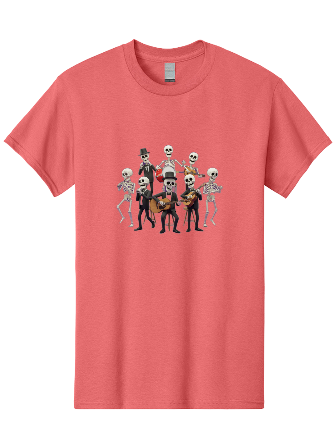 Skeletons-Playing-Music Men'S Graphic Tee, 100% Cotton, Comfortable Casual Summer Wear, Machine Washable, Skeletons In Suits, Playing Guitars, Dancing, Black Suits, Top Hats, Skulls, Bones, Musical Instruments, Mariachi Band, Day Of The Dead Bad578 6