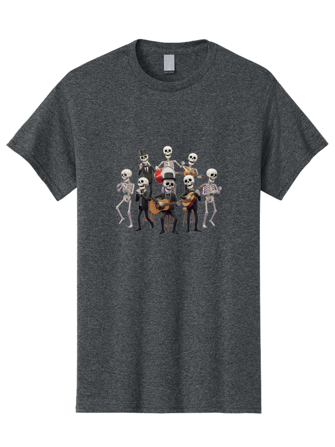 Skeletons-Playing-Music Men'S Graphic Tee, 100% Cotton, Comfortable Casual Summer Wear, Machine Washable, Skeletons In Suits, Playing Guitars, Dancing, Black Suits, Top Hats, Skulls, Bones, Musical Instruments, Mariachi Band, Day Of The Dead Bad578 15