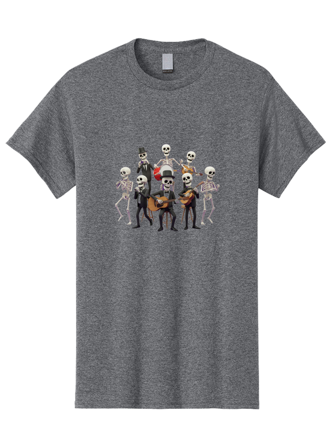 Skeletons-Playing-Music Men'S Graphic Tee, 100% Cotton, Comfortable Casual Summer Wear, Machine Washable, Skeletons In Suits, Playing Guitars, Dancing, Black Suits, Top Hats, Skulls, Bones, Musical Instruments, Mariachi Band, Day Of The Dead Bad578 4