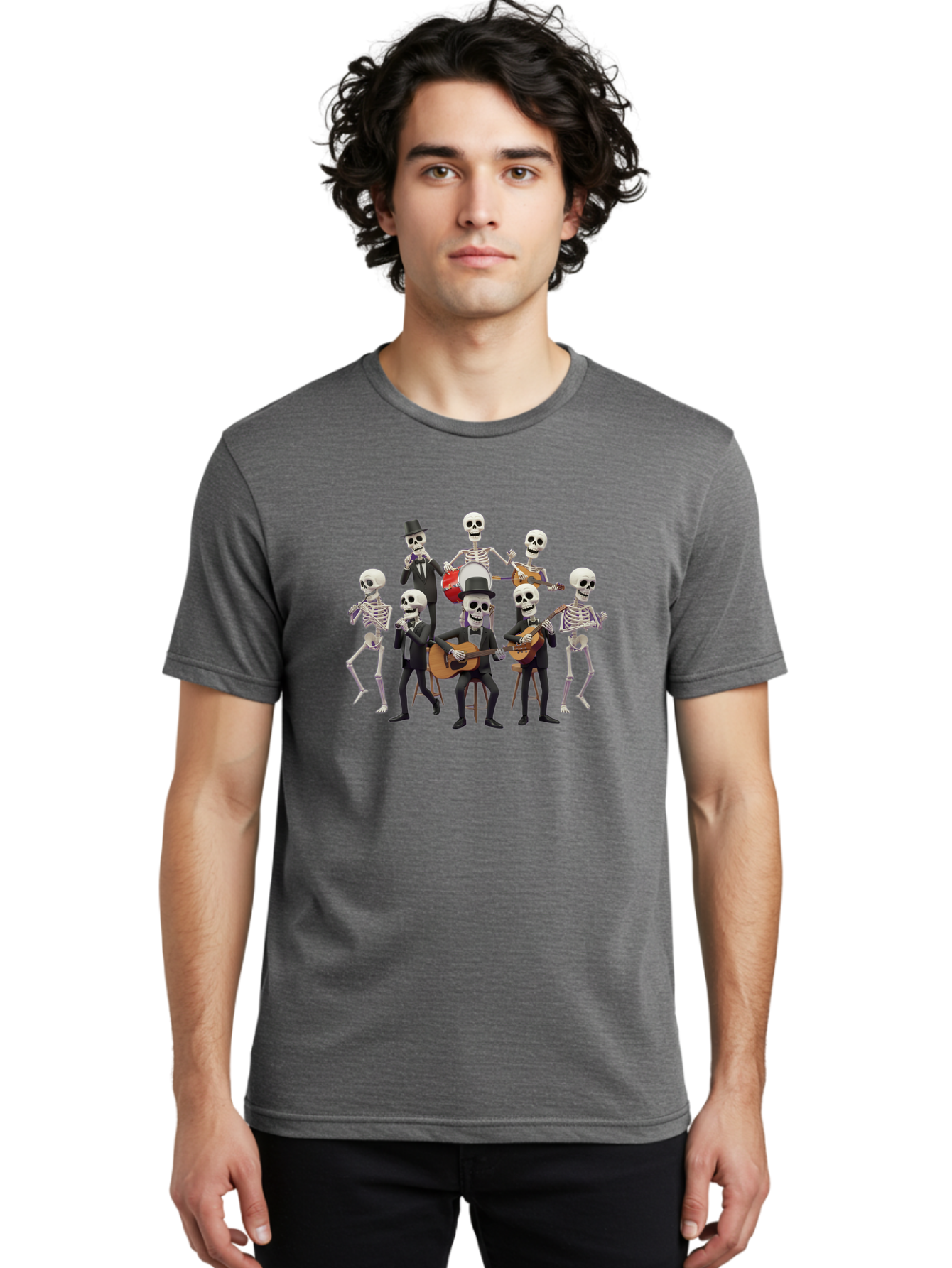 Skeletons-Playing-Music Men'S Graphic Tee, 100% Cotton, Comfortable Casual Summer Wear, Machine Washable, Skeletons In Suits, Playing Guitars, Dancing, Black Suits, Top Hats, Skulls, Bones, Musical Instruments, Mariachi Band, Day Of The Dead Bad578 19