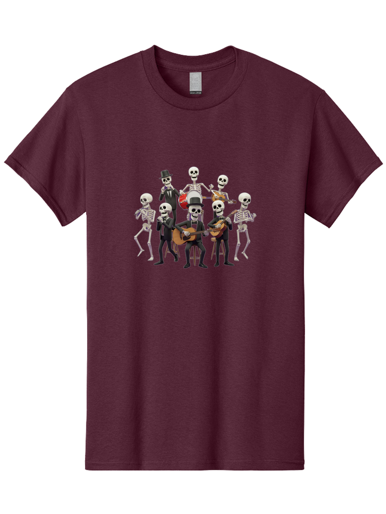 Skeletons-Playing-Music Men'S Graphic Tee, 100% Cotton, Comfortable Casual Summer Wear, Machine Washable, Skeletons In Suits, Playing Guitars, Dancing, Black Suits, Top Hats, Skulls, Bones, Musical Instruments, Mariachi Band, Day Of The Dead Bad578 10