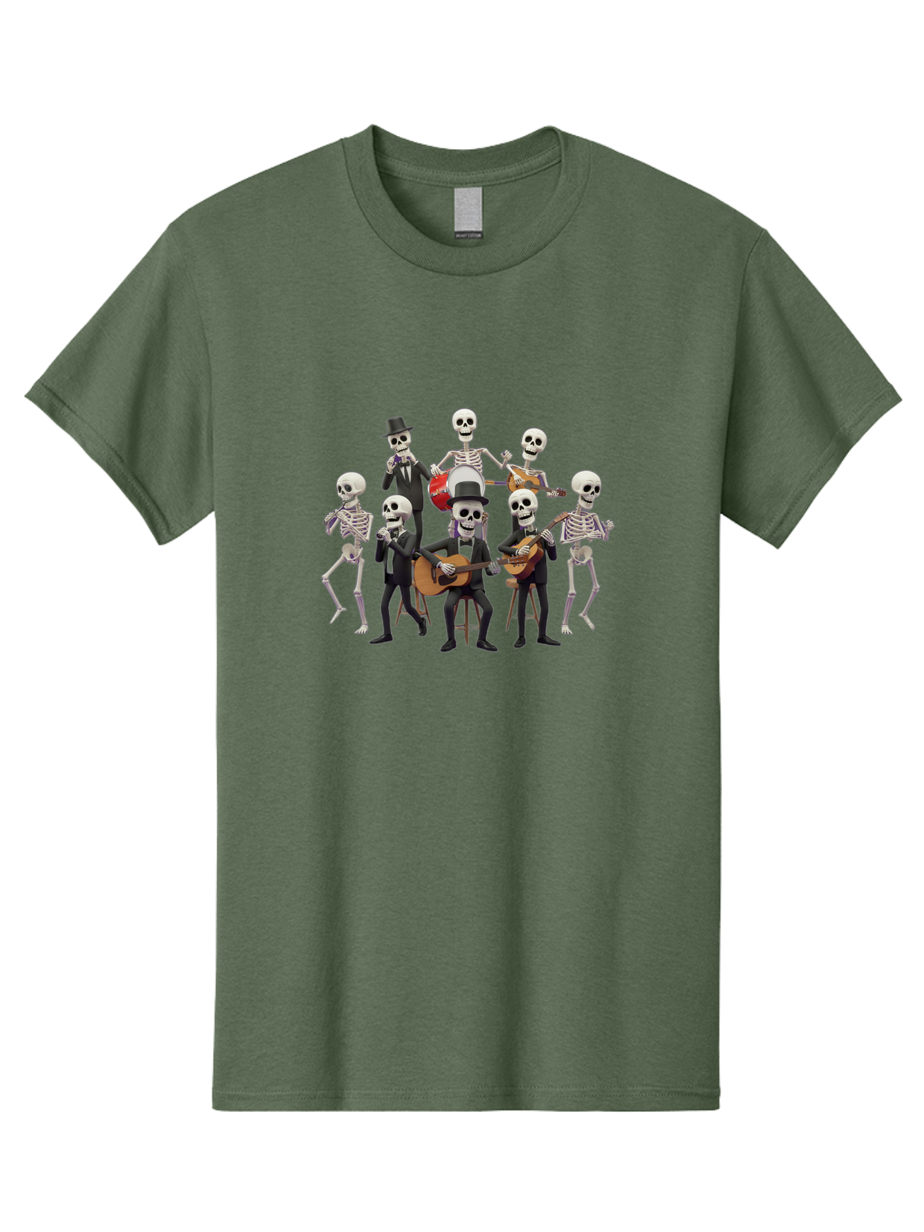 Skeletons-Playing-Music Men'S Graphic Tee, 100% Cotton, Comfortable Casual Summer Wear, Machine Washable, Skeletons In Suits, Playing Guitars, Dancing, Black Suits, Top Hats, Skulls, Bones, Musical Instruments, Mariachi Band, Day Of The Dead Bad578 1
