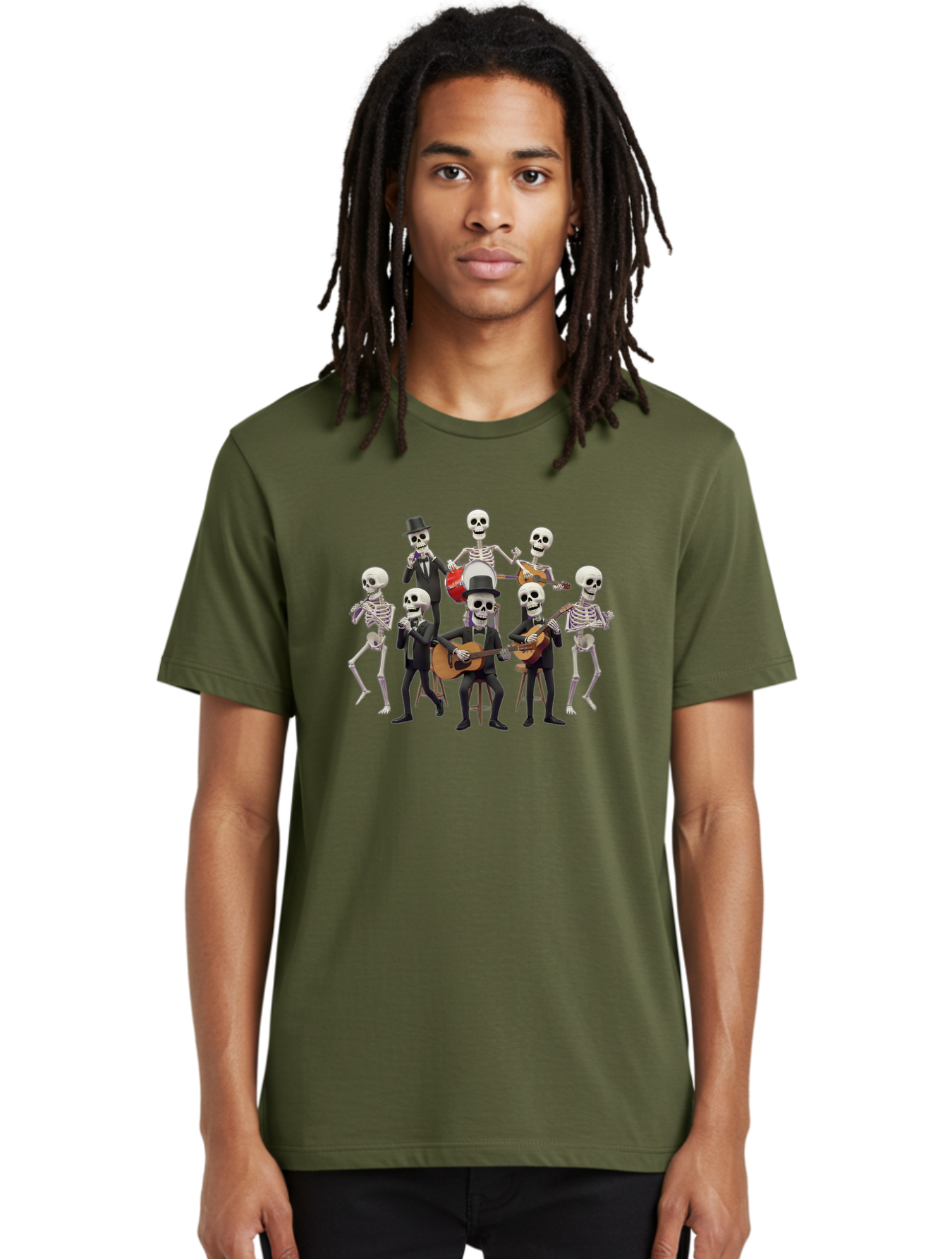 Skeletons-Playing-Music Men'S Graphic Tee, 100% Cotton, Comfortable Casual Summer Wear, Machine Washable, Skeletons In Suits, Playing Guitars, Dancing, Black Suits, Top Hats, Skulls, Bones, Musical Instruments, Mariachi Band, Day Of The Dead Bad578 16