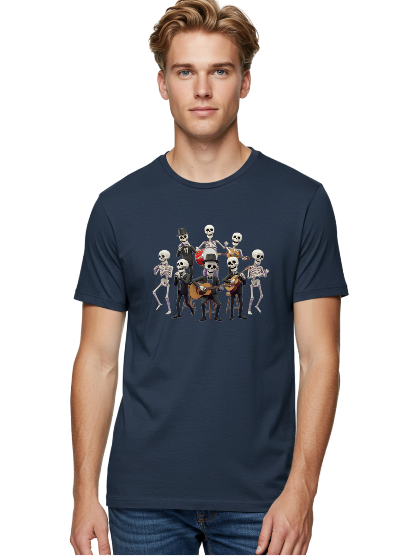 Skeletons-Playing-Music Men'S Graphic Tee, 100% Cotton, Comfortable Casual Summer Wear, Machine Washable, Skeletons In Suits, Playing Guitars, Dancing, Black Suits, Top Hats, Skulls, Bones, Musical Instruments, Mariachi Band, Day Of The Dead Bad578 29