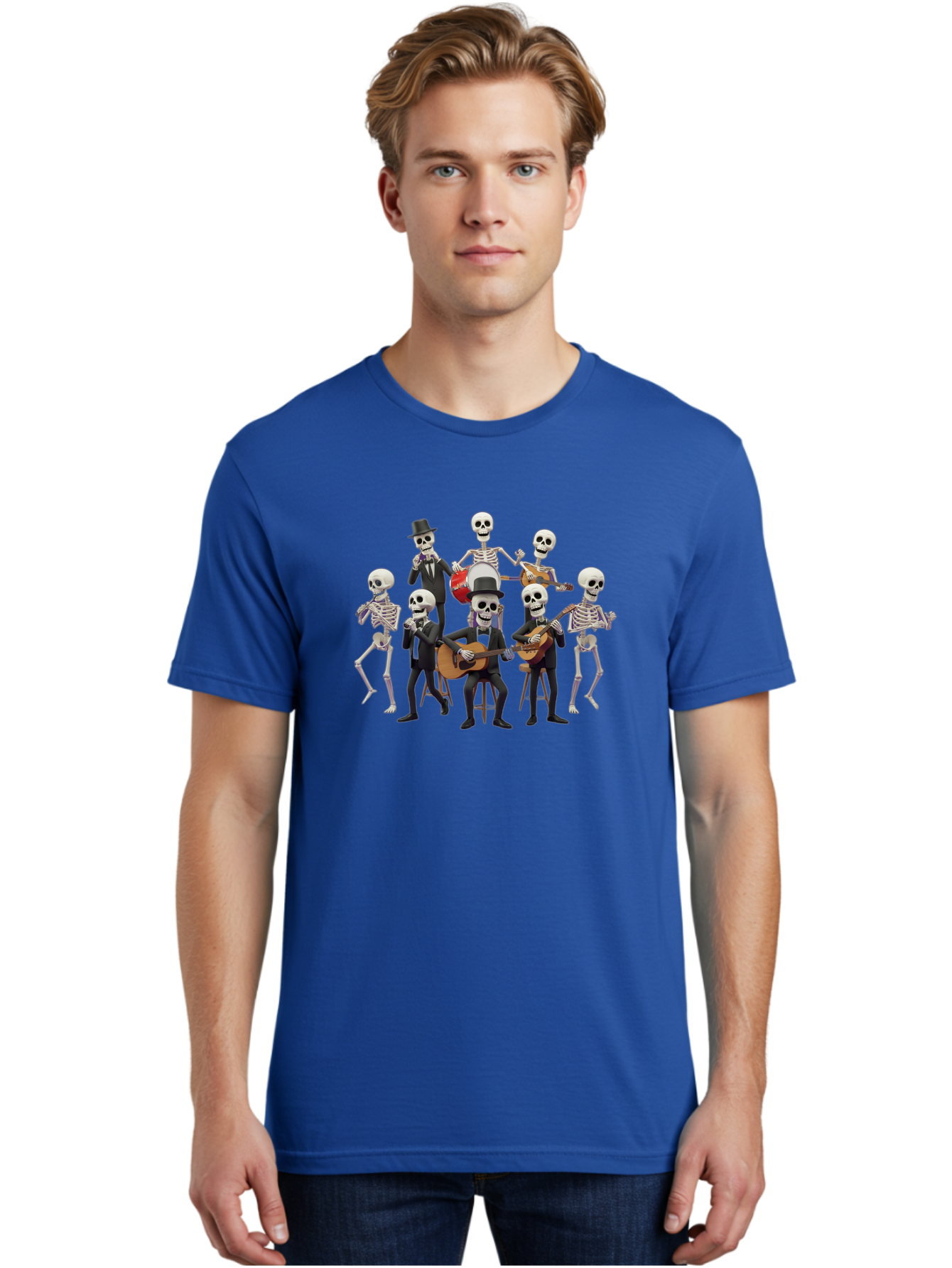 Skeletons-Playing-Music Men'S Graphic Tee, 100% Cotton, Comfortable Casual Summer Wear, Machine Washable, Skeletons In Suits, Playing Guitars, Dancing, Black Suits, Top Hats, Skulls, Bones, Musical Instruments, Mariachi Band, Day Of The Dead Bad578 27