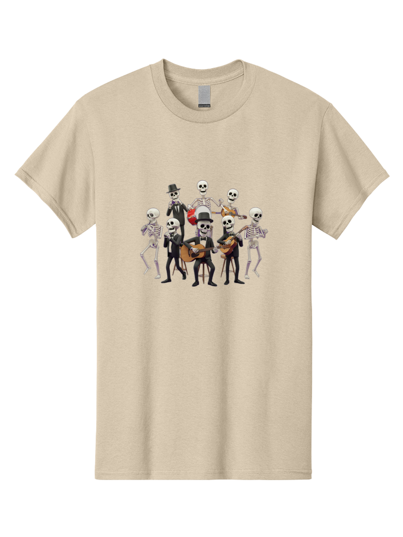 Skeletons-Playing-Music Men'S Graphic Tee, 100% Cotton, Comfortable Casual Summer Wear, Machine Washable, Skeletons In Suits, Playing Guitars, Dancing, Black Suits, Top Hats, Skulls, Bones, Musical Instruments, Mariachi Band, Day Of The Dead Bad578 5