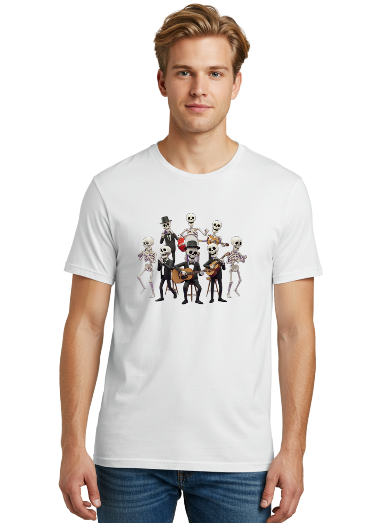 Skeletons-Playing-Music Men'S Graphic Tee, 100% Cotton, Comfortable Casual Summer Wear, Machine Washable, Skeletons In Suits, Playing Guitars, Dancing, Black Suits, Top Hats, Skulls, Bones, Musical Instruments, Mariachi Band, Day Of The Dead Bad578 26