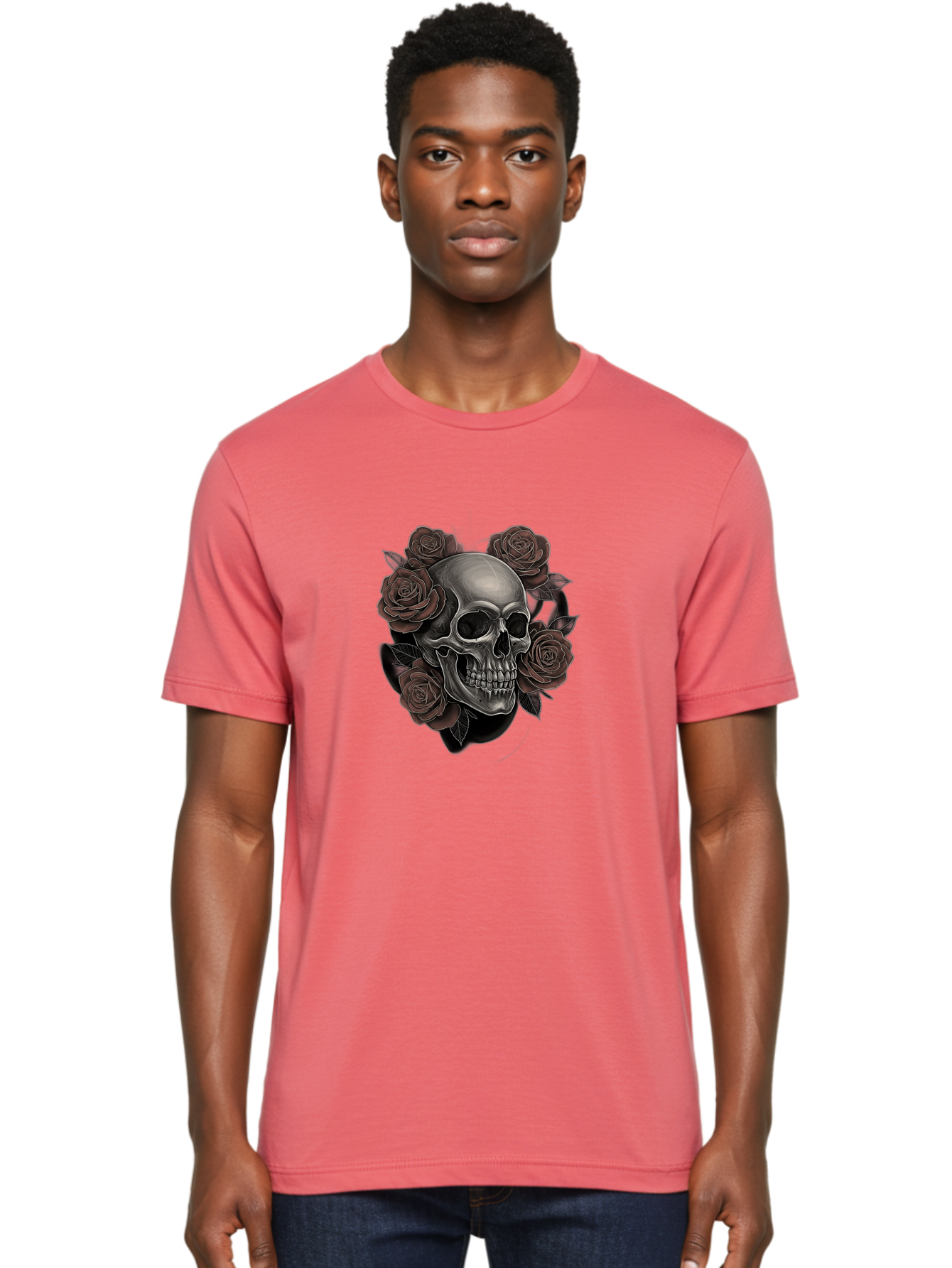 Skull-And-Roses Men'S Graphic Tee, 100% Cotton, Comfortable Casual Summer Wear, Machine Washable, Skull Illustration, Dark Roses, Gothic Art, Tattoo Design, Human Skull, Floral Arrangement, Dark Art, Monochromatic, Dramatic Effect, Bad579 16