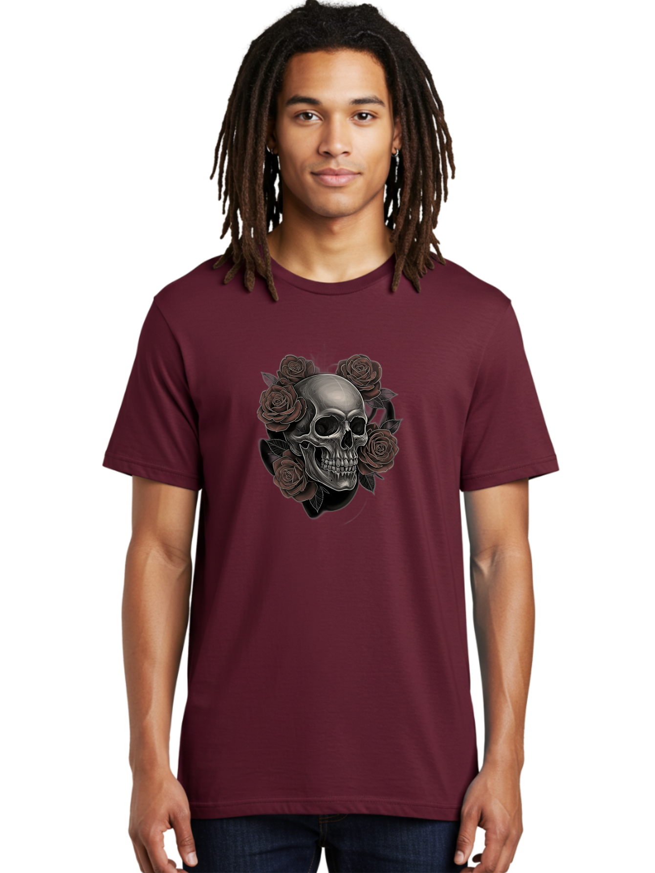 Skull-And-Roses Men'S Graphic Tee, 100% Cotton, Comfortable Casual Summer Wear, Machine Washable, Skull Illustration, Dark Roses, Gothic Art, Tattoo Design, Human Skull, Floral Arrangement, Dark Art, Monochromatic, Dramatic Effect, Bad579 25
