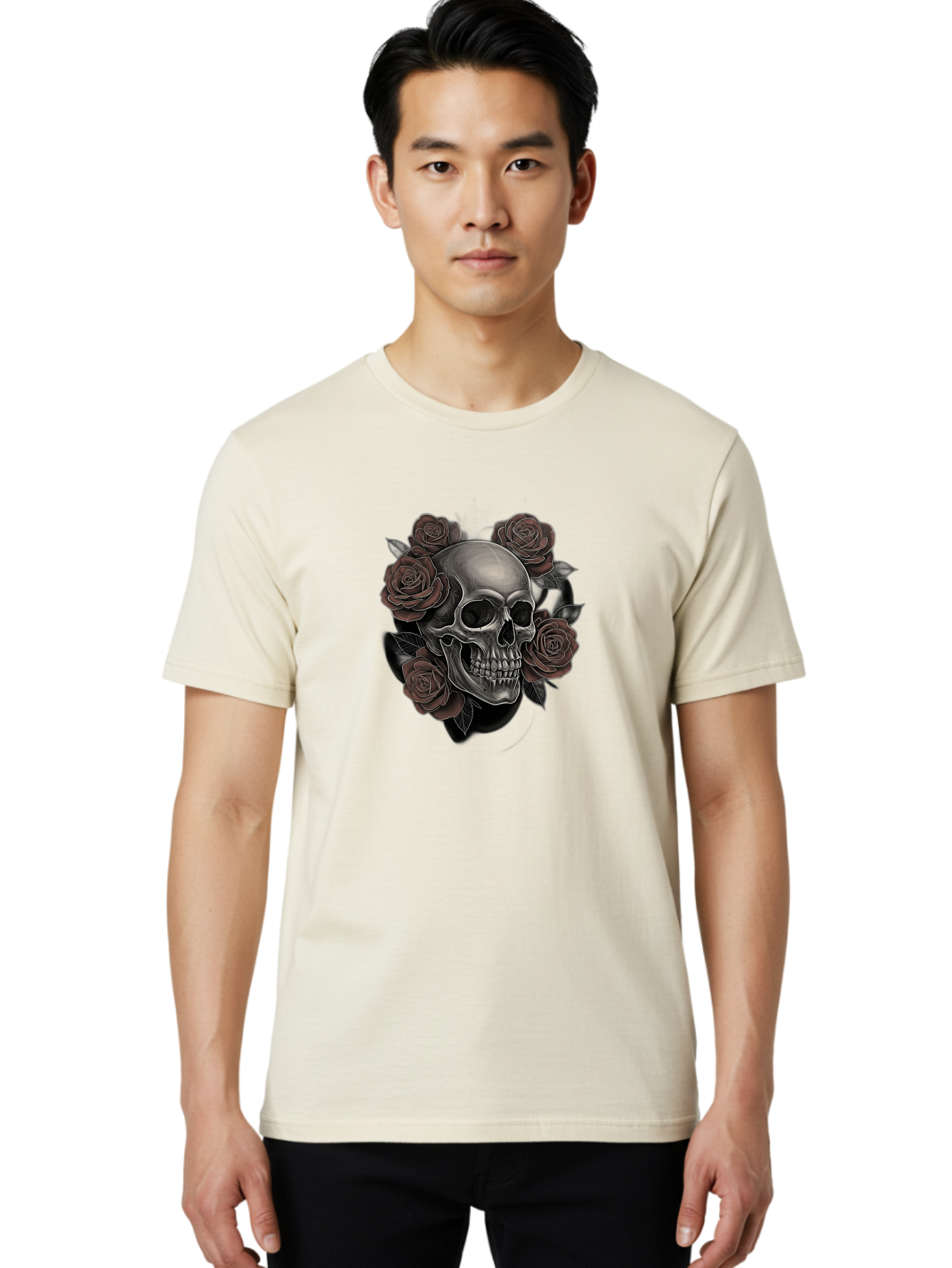 Skull-And-Roses Men'S Graphic Tee, 100% Cotton, Comfortable Casual Summer Wear, Machine Washable, Skull Illustration, Dark Roses, Gothic Art, Tattoo Design, Human Skull, Floral Arrangement, Dark Art, Monochromatic, Dramatic Effect, Bad579 22