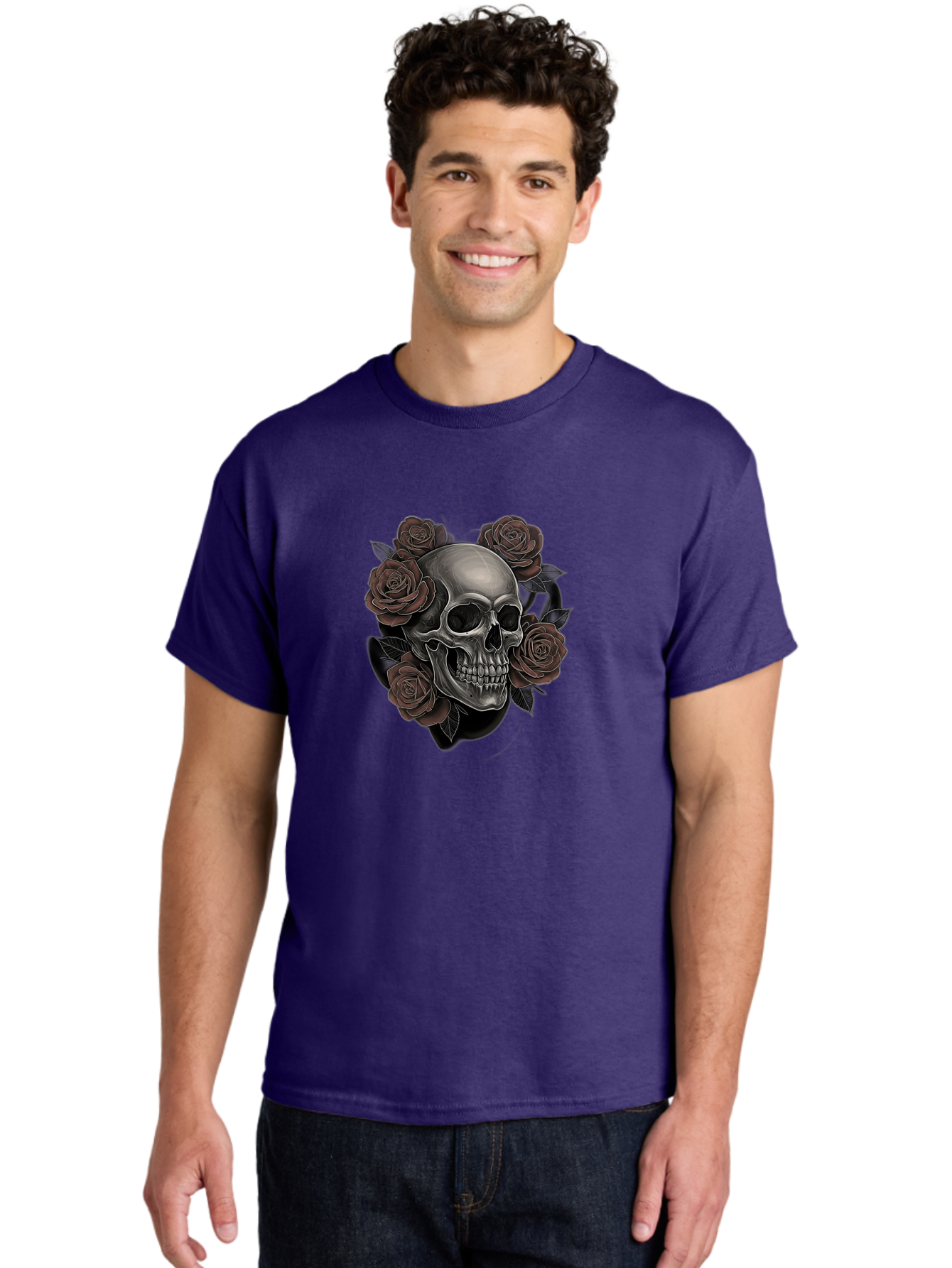 Skull-And-Roses Men'S Graphic Tee, 100% Cotton, Comfortable Casual Summer Wear, Machine Washable, Skull Illustration, Dark Roses, Gothic Art, Tattoo Design, Human Skull, Floral Arrangement, Dark Art, Monochromatic, Dramatic Effect, Bad579 24