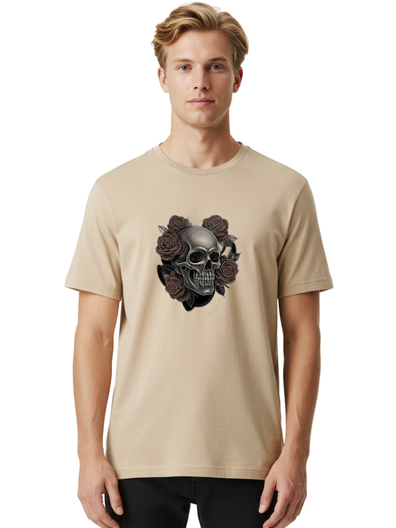Skull-And-Roses Men'S Graphic Tee, 100% Cotton, Comfortable Casual Summer Wear, Machine Washable, Skull Illustration, Dark Roses, Gothic Art, Tattoo Design, Human Skull, Floral Arrangement, Dark Art, Monochromatic, Dramatic Effect, Bad579 30