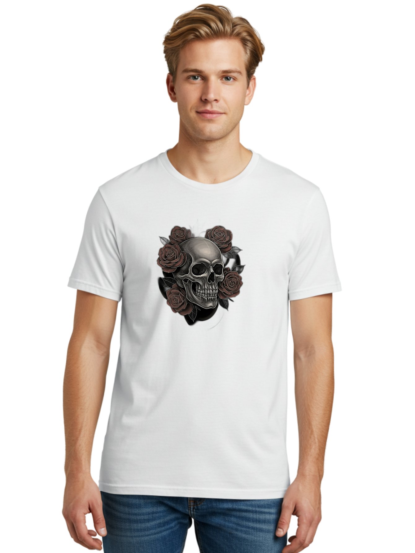 Skull-And-Roses Men'S Graphic Tee, 100% Cotton, Comfortable Casual Summer Wear, Machine Washable, Skull Illustration, Dark Roses, Gothic Art, Tattoo Design, Human Skull, Floral Arrangement, Dark Art, Monochromatic, Dramatic Effect, Bad579 19