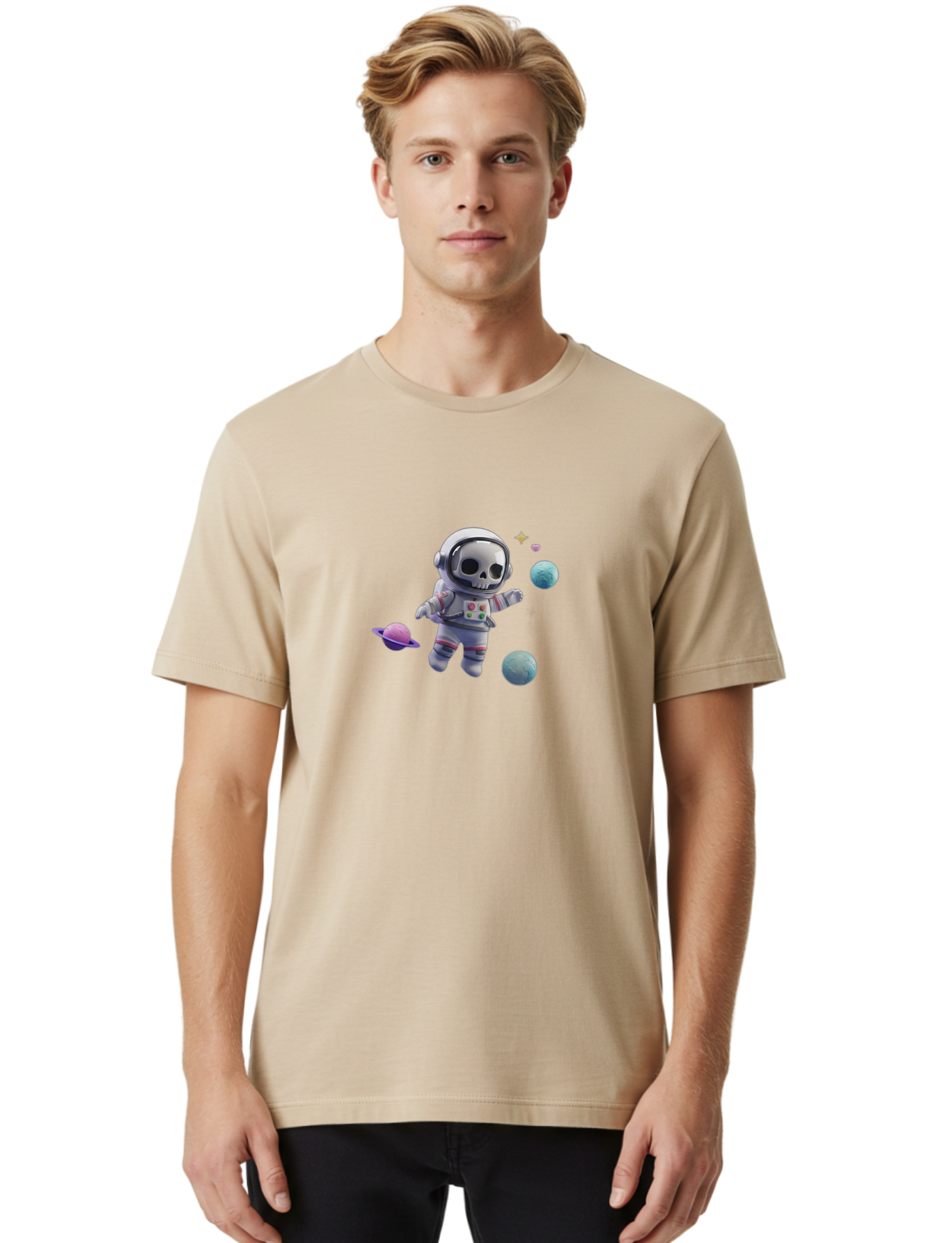 Skull-Astronaut Men'S Graphic Tee, 100% Cotton, Comfortable Casual Summer Wear, Machine Washable, Skeleton Astronaut, Space Travel, Planets, Stars, Galaxy Exploration, Futuristic, Sci-Fi, Cosmic Adventure, Space Suit, Digital Art, Bad580 30