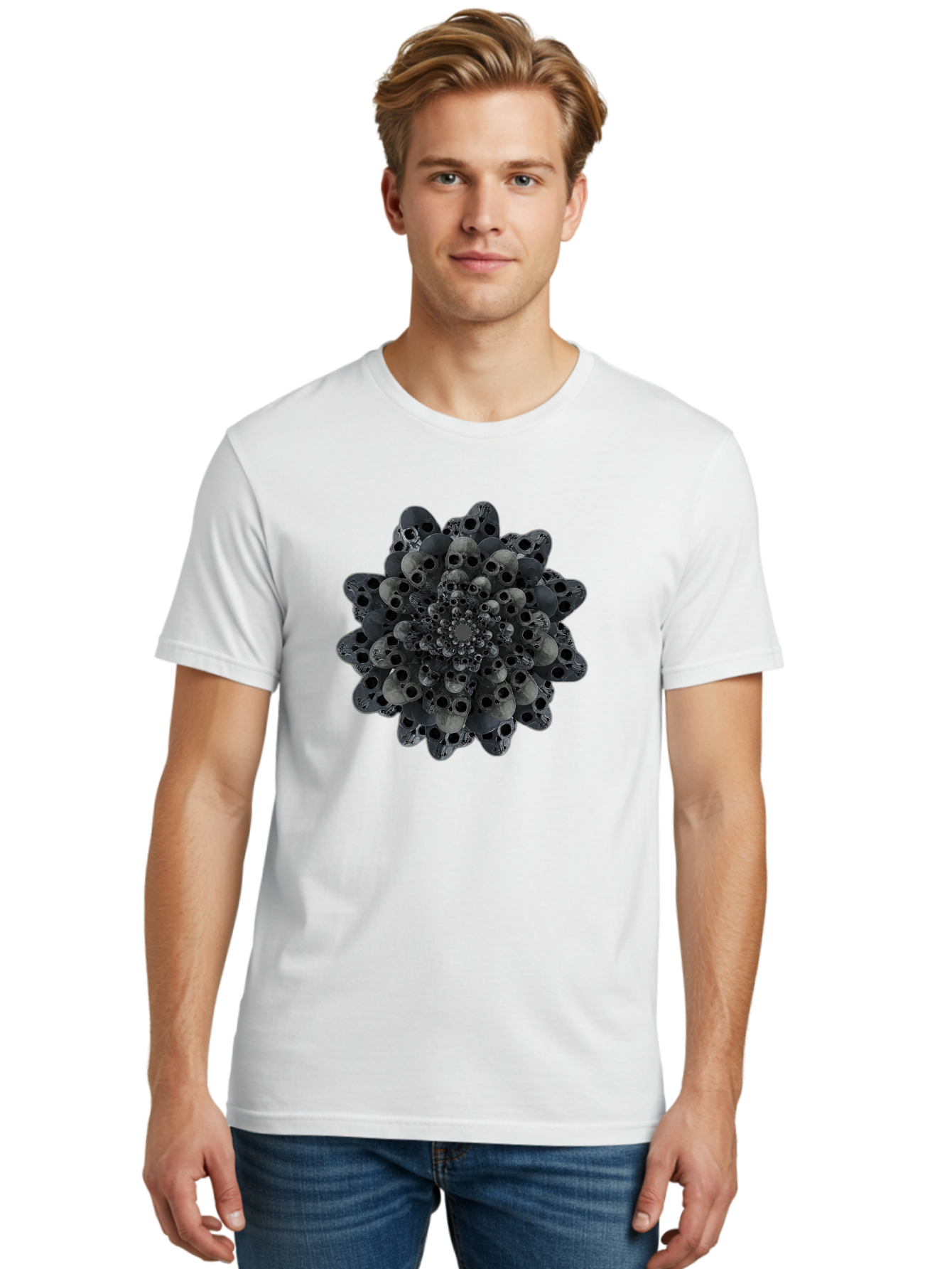 Skull-Cluster-1 Men'S Graphic Tee, 100% Cotton, Comfortable Casual Summer Wear, Machine Washable, Skull Flower, Human Skulls, Floral Arrangement, Dark Art, Gothic Decor, Skulls, Eerie Art, Dark Floral Design, Macabre Bad581 18