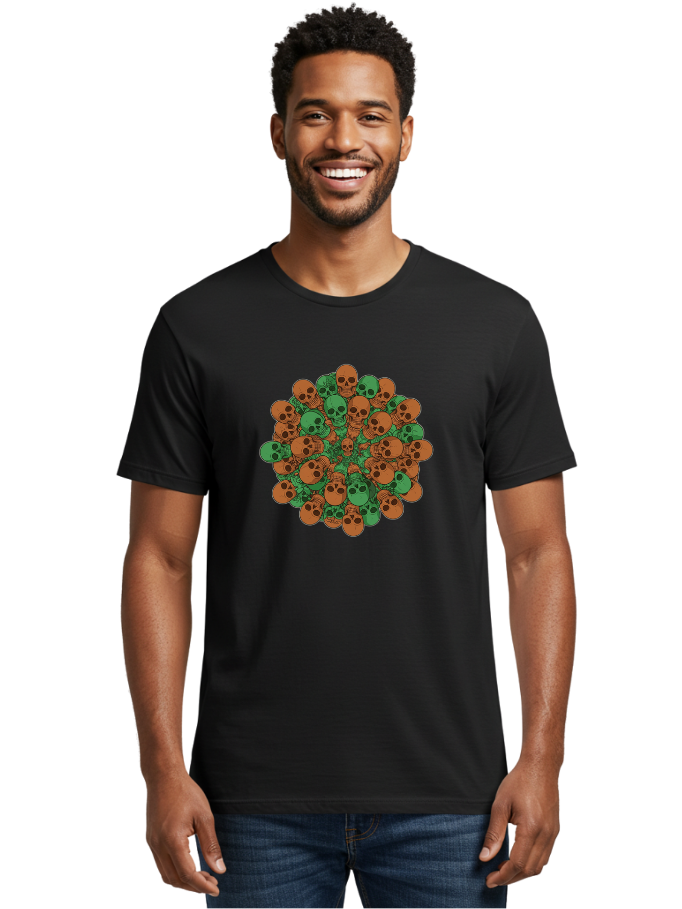 Skull-Cluster-2 Men'S Graphic Tee, 100% Cotton, Comfortable Casual Summer Wear, Machine Washable, Cluster Of Skulls, Orange And Green Skulls, Skull Illustration, Skull Design, Mortality Symbol, Death Theme, Gothic Art, Macabre Imagery Bad582 29