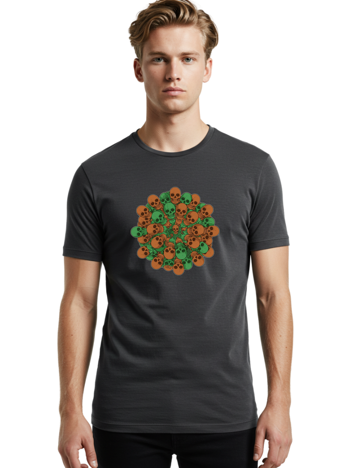 Skull-Cluster-2 Men'S Graphic Tee, 100% Cotton, Comfortable Casual Summer Wear, Machine Washable, Cluster Of Skulls, Orange And Green Skulls, Skull Illustration, Skull Design, Mortality Symbol, Death Theme, Gothic Art, Macabre Imagery Bad582 22