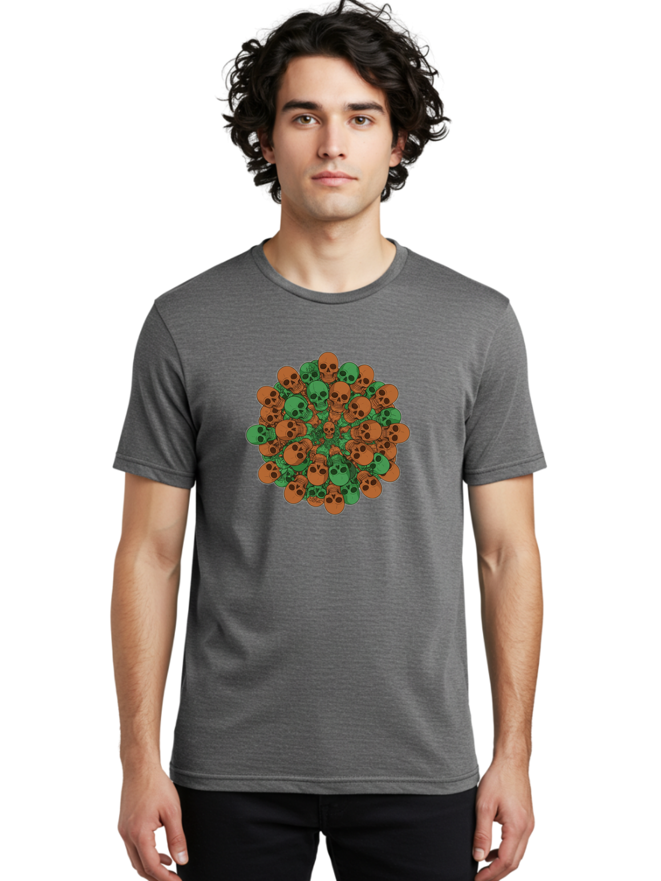 Skull-Cluster-2 Men'S Graphic Tee, 100% Cotton, Comfortable Casual Summer Wear, Machine Washable, Cluster Of Skulls, Orange And Green Skulls, Skull Illustration, Skull Design, Mortality Symbol, Death Theme, Gothic Art, Macabre Imagery Bad582 17