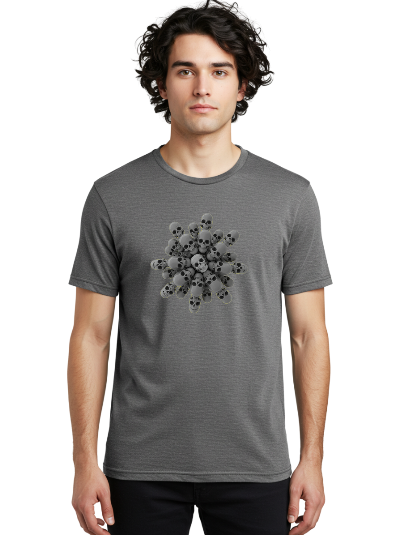 Skull-Cluster Men'S Graphic Tee, 100% Cotton, Comfortable Casual Summer Wear, Machine Washable, Cluster Of Gray Skulls, Multiple Skulls, Human Skulls, 3D Rendering, Skull Collection, Dark Art, Horror Theme, Macabre Symbolism, Death Imagery Bad583 17